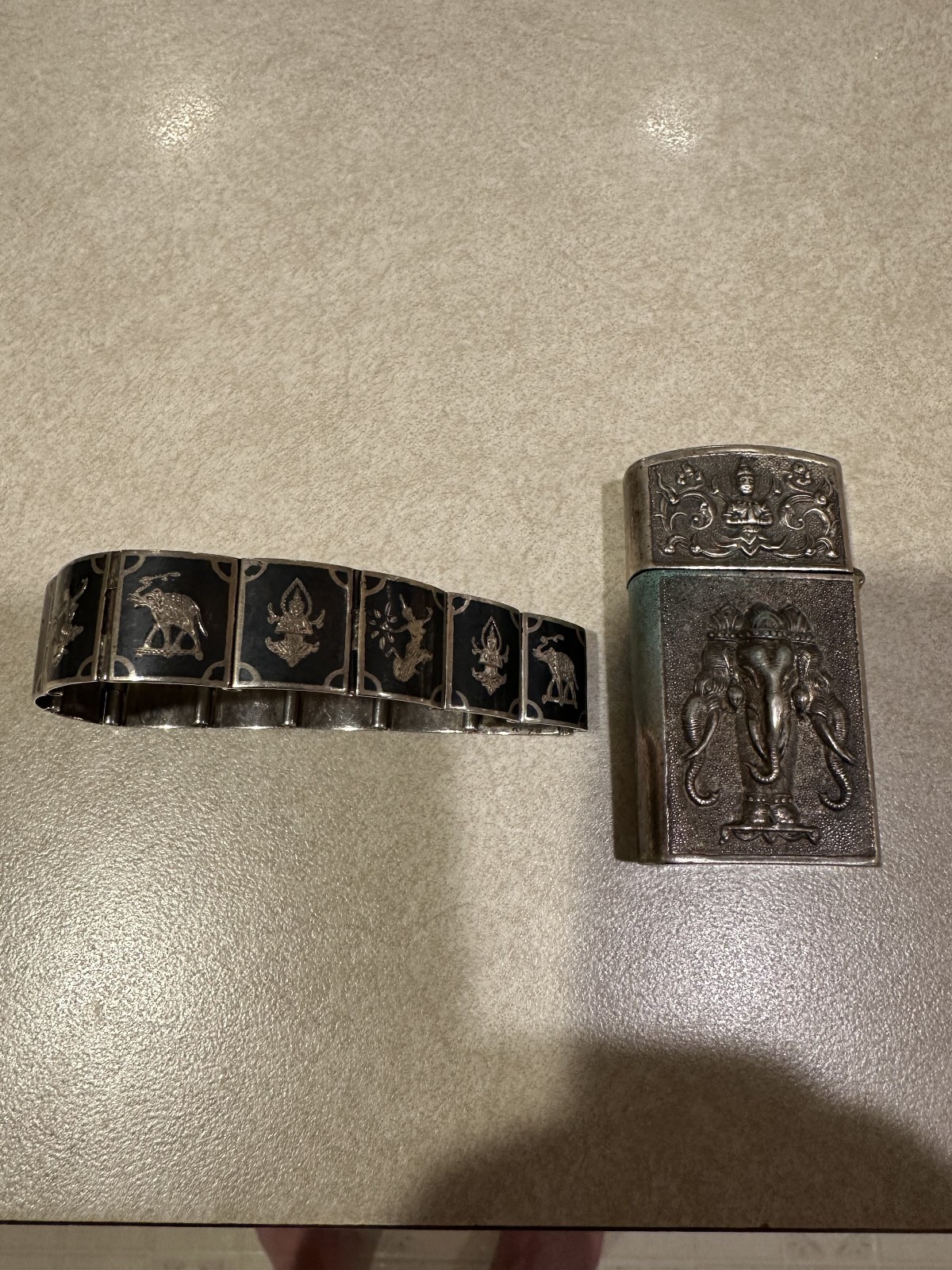 VINTAGE 49g STERLING SILVER Siam Set - Lighter Case & Niello Bracelet - 925