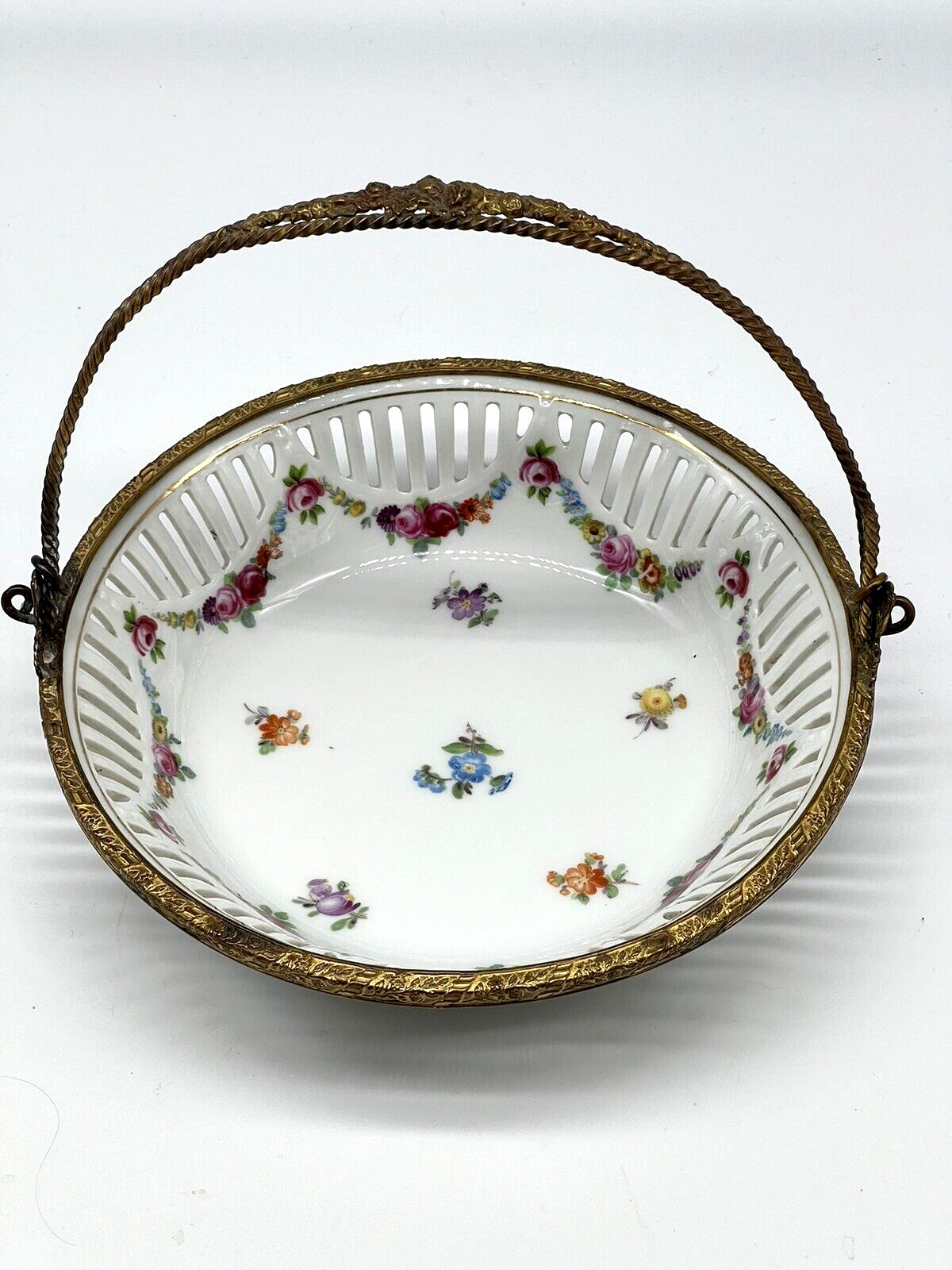 Vintage Schumann Handpainted Reticulated Brides Bowl Florals w/ Crown Lion Mark