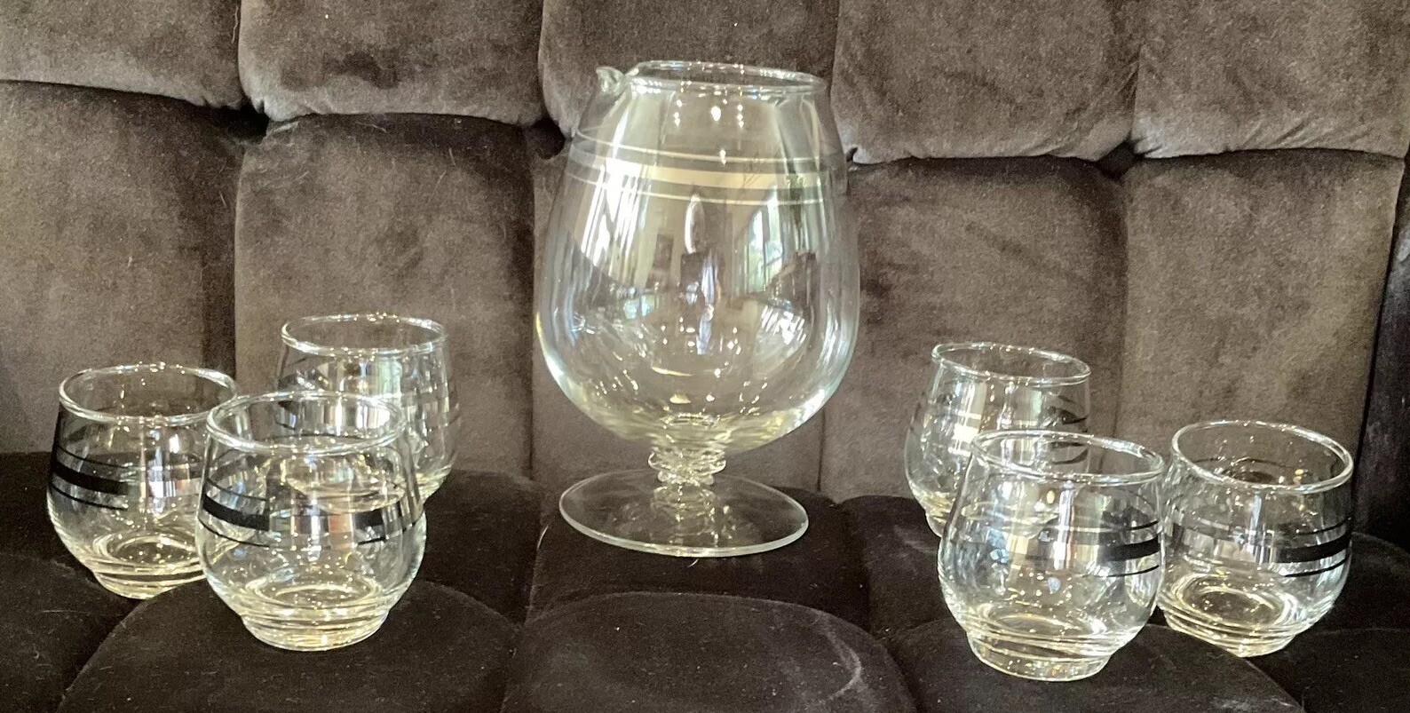 Brandy Snifter Cocktail Pitcher Set 6 LoBalls MCM Footed Platinum Ringed VTG