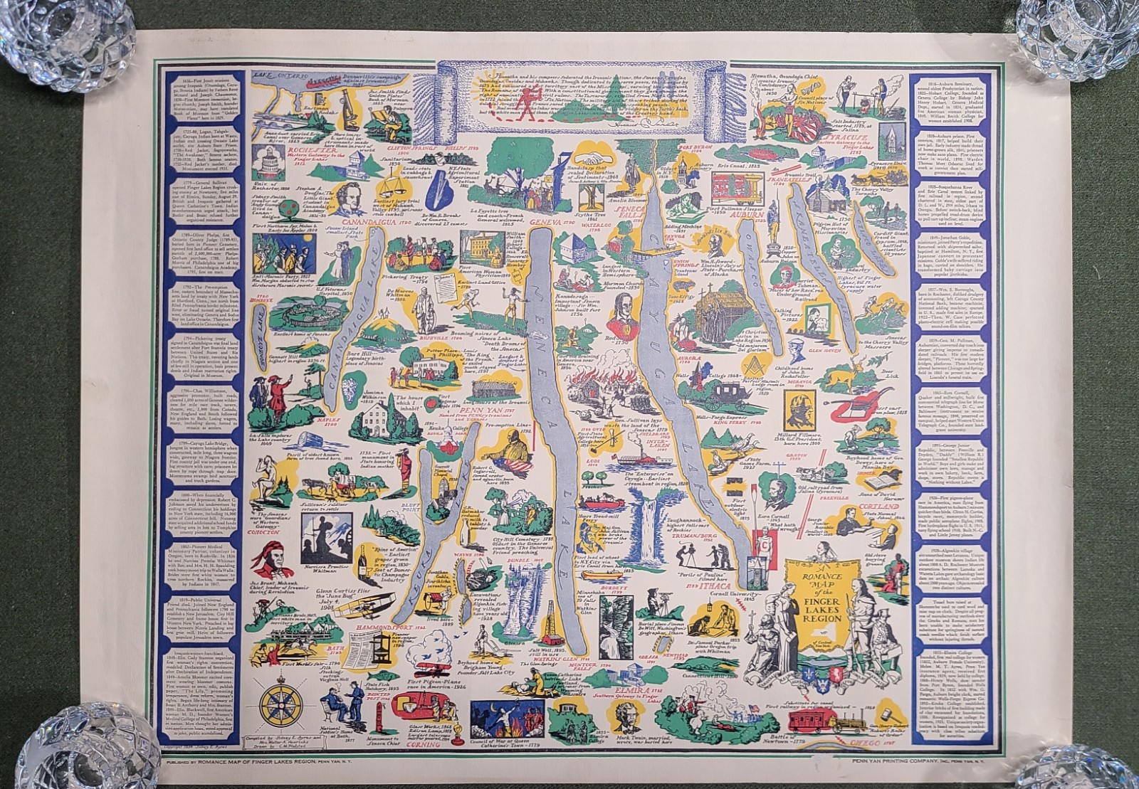 VINTAGE PENN YAN ILLUSTRATED ROMANCE MAP FINGER LAKES REGION NEW YORK 1934 NY