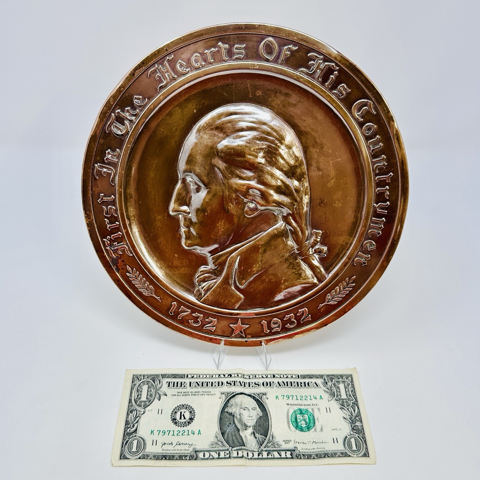 Antique 1932 George Washington 200th Birthday Commemorative Gorham Brass Plaque
