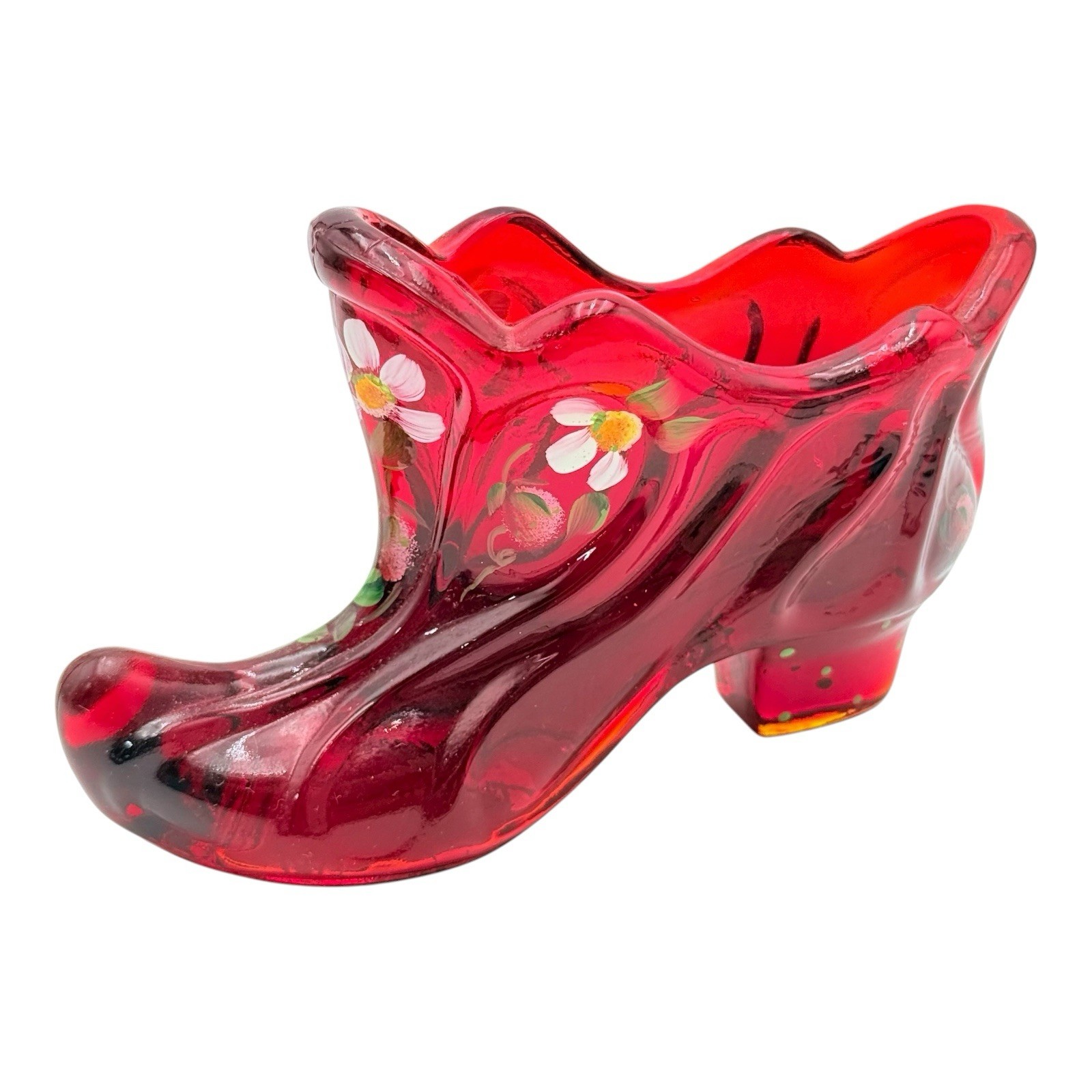 Fenton Glass Hand Painted S Miller 40th Anniversary Shoe Slipper Amberina Floral Fenton Glass Hand Painted S Miller 40th Anniversary Shoe Slipper Amberina Floral