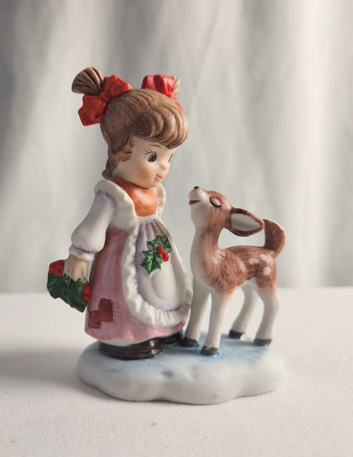 Vintage Lefton China Hand Painted Porcelain Girl w/ Fawn Figurine 1970\'s #03643
