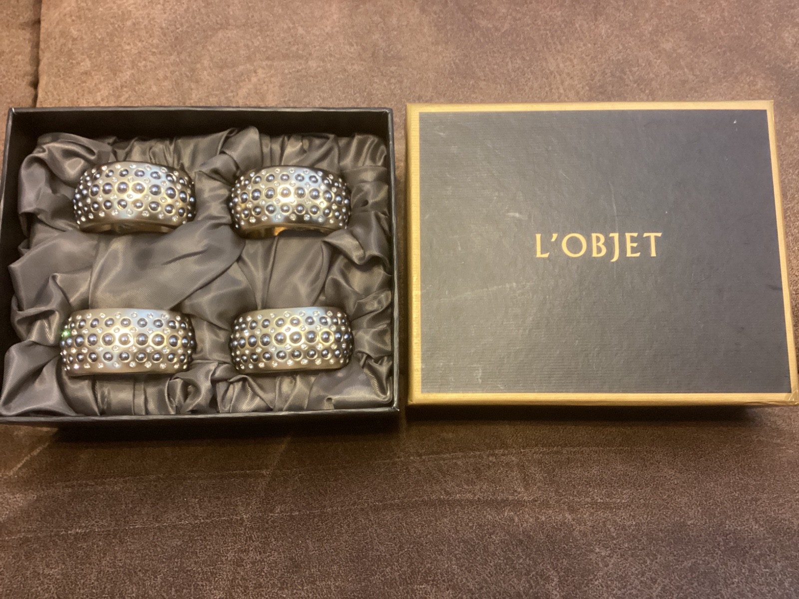 L\'OBJET #NJ9801 HEAVY CRYSTAL INLAYED NAPKIN HOLDERS IN ORIGINAL BOX VERY NICE