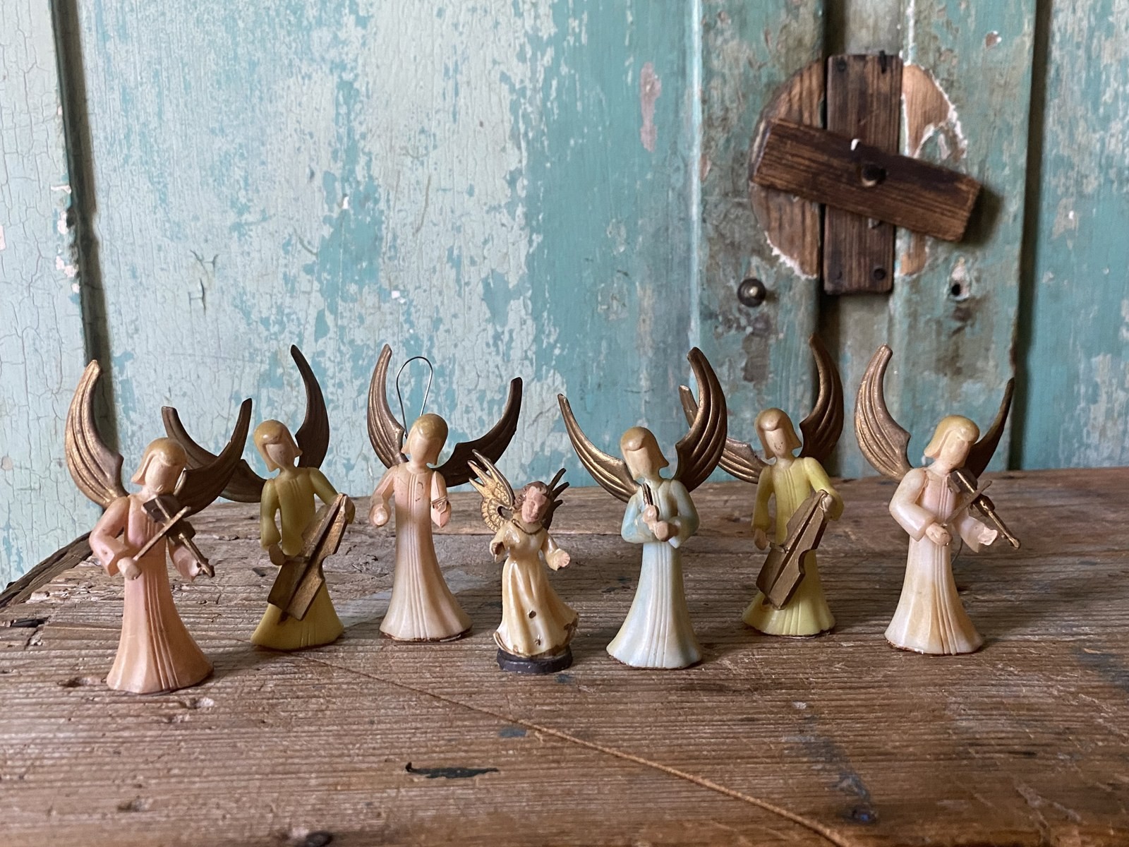 Vintage Hong Kong Plastic Angel Musician Christmas Ornaments Lot 7 Violin Cello