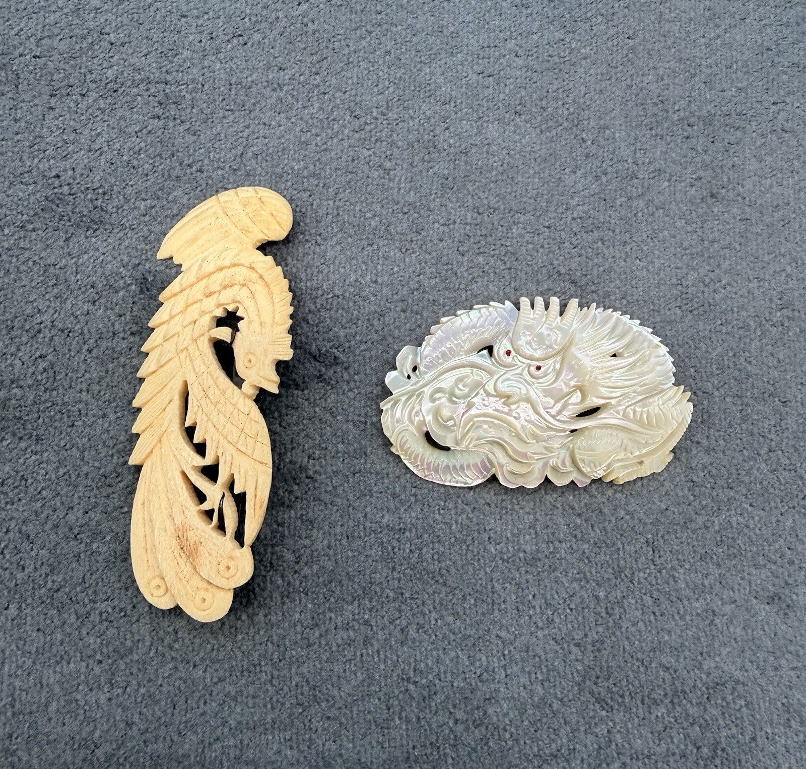 Vintage Carved Mother of Pearl Dragon Design And Hand Carved Phoenix