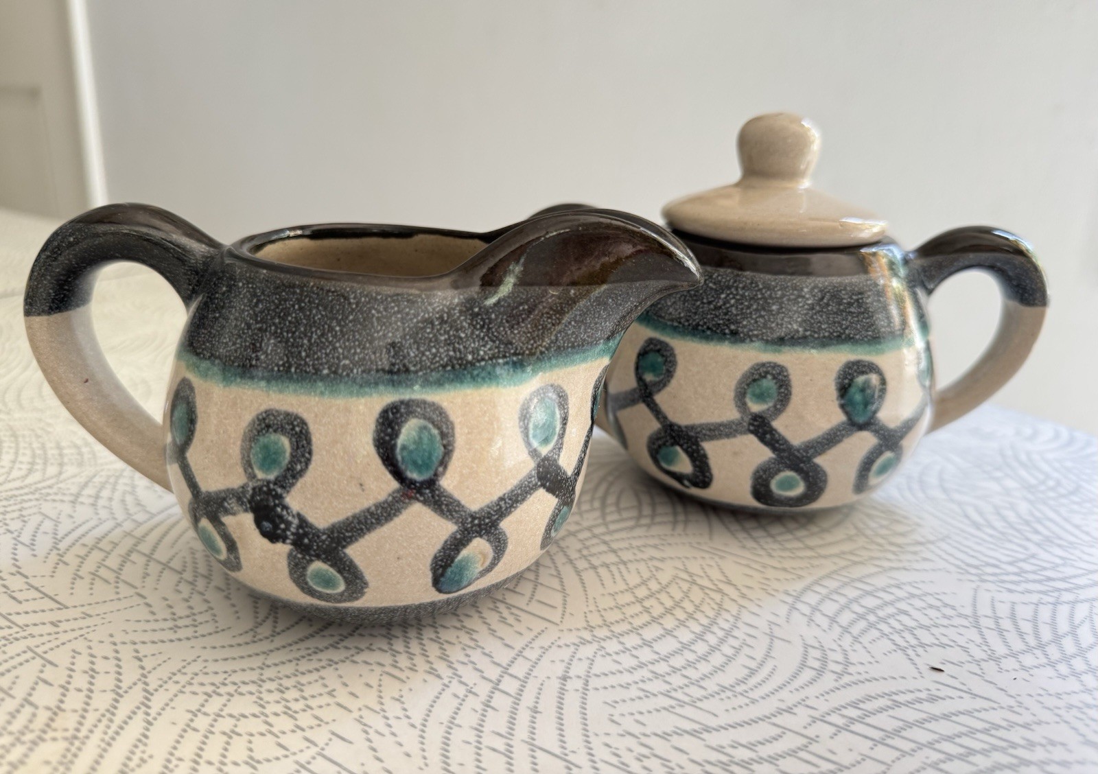 Vintage Handmade Mid-Century Stoneware- Glidden Sugar Bowl And Creamer Set