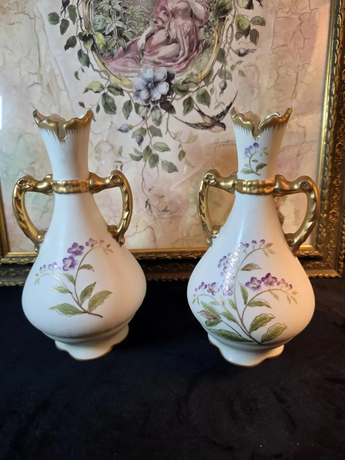 Vintage Pair of Handpainted Floral Ceramic Vases with Gold Accents