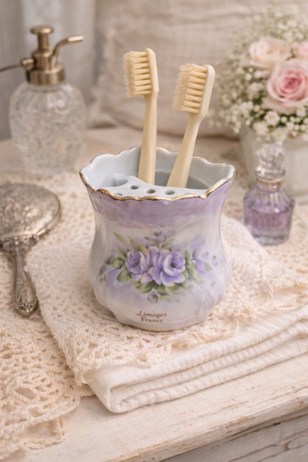 Vintage Limoges France Hand Painted Porcelain Toothbrush Holder 