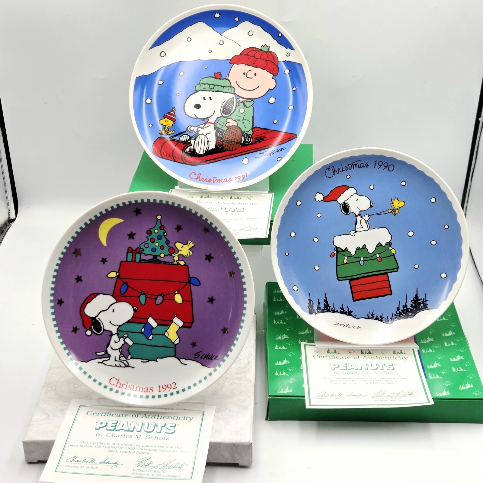 Willitts 1990 1991 1992 Peanuts Christmas Plate Lot Snoopy Charlie Brown Box COA