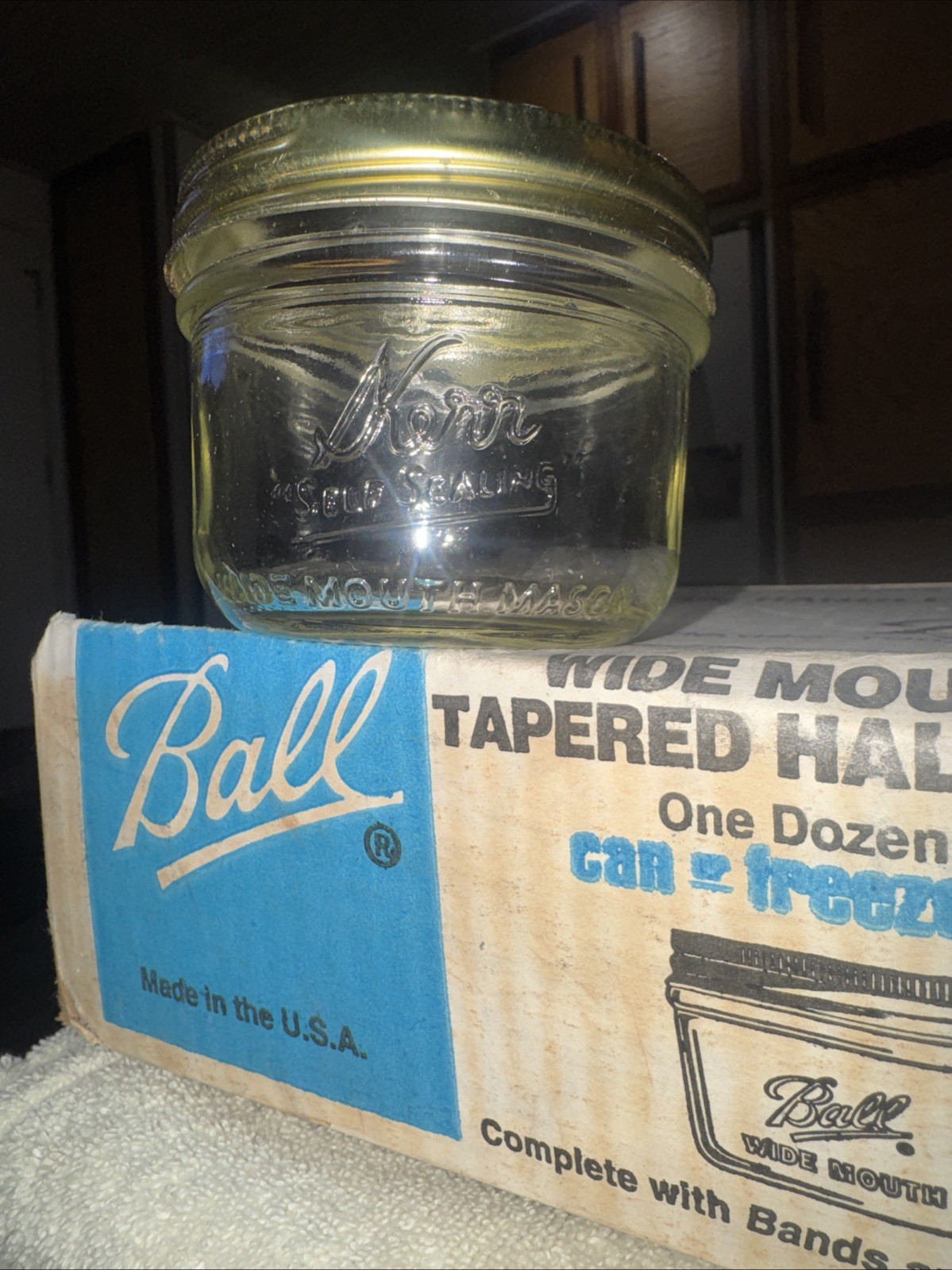 Vintage Dozen Kerr Half Pint Canning Wide Mouth Mason Jars Self-Sealing W/Bands