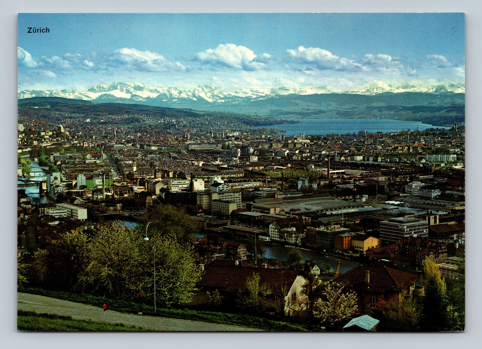 Panoramic aerial view of Zurich view of city, lake and Alps in distance