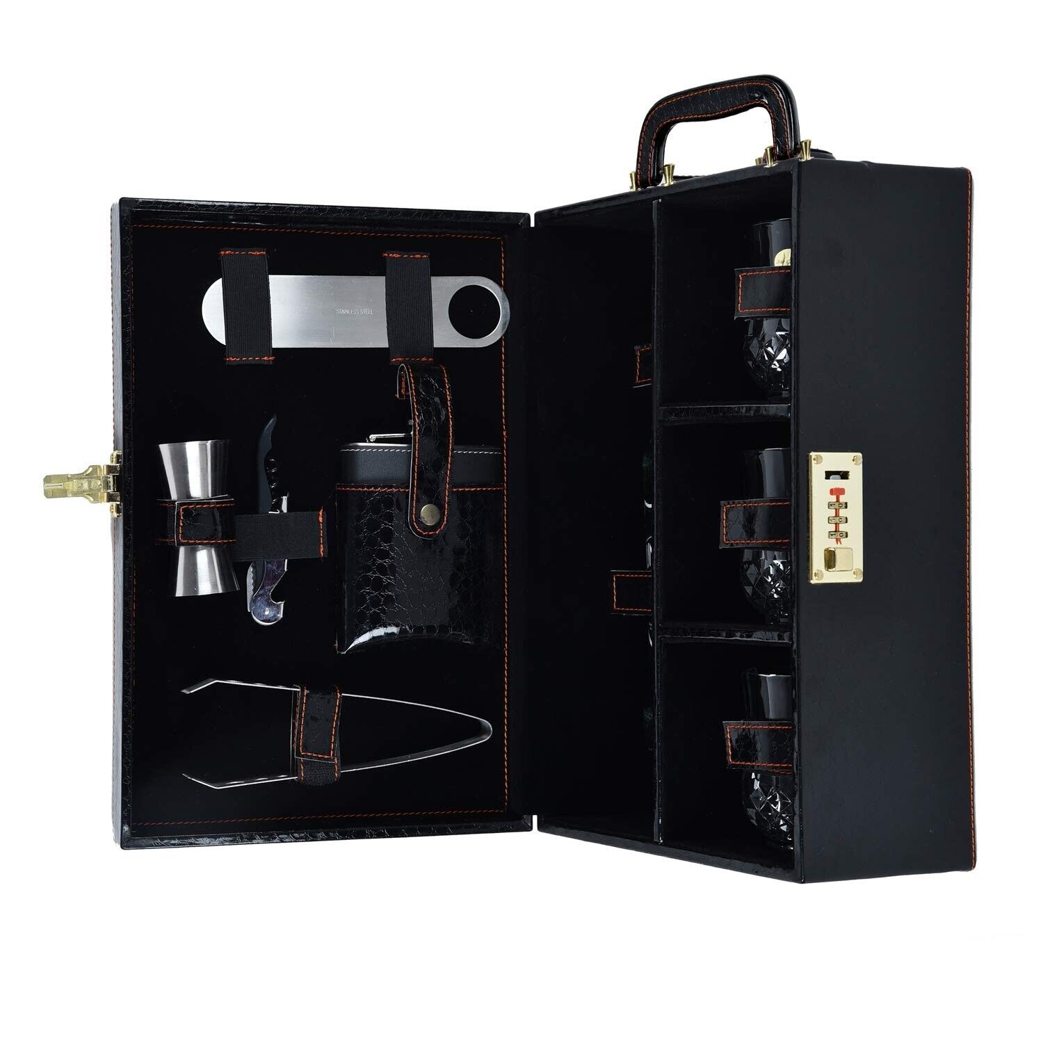 Print Black Premium Bar Set with Whiskey Glasses | Portable Leatherette Bar Set