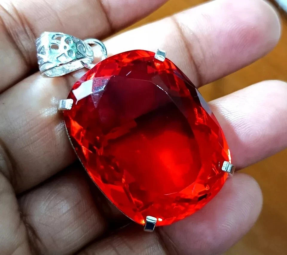 Lab-Created 100 Ct Brazilian Blood Red Topaz 925 Solid Silver Pendant Loose Gems