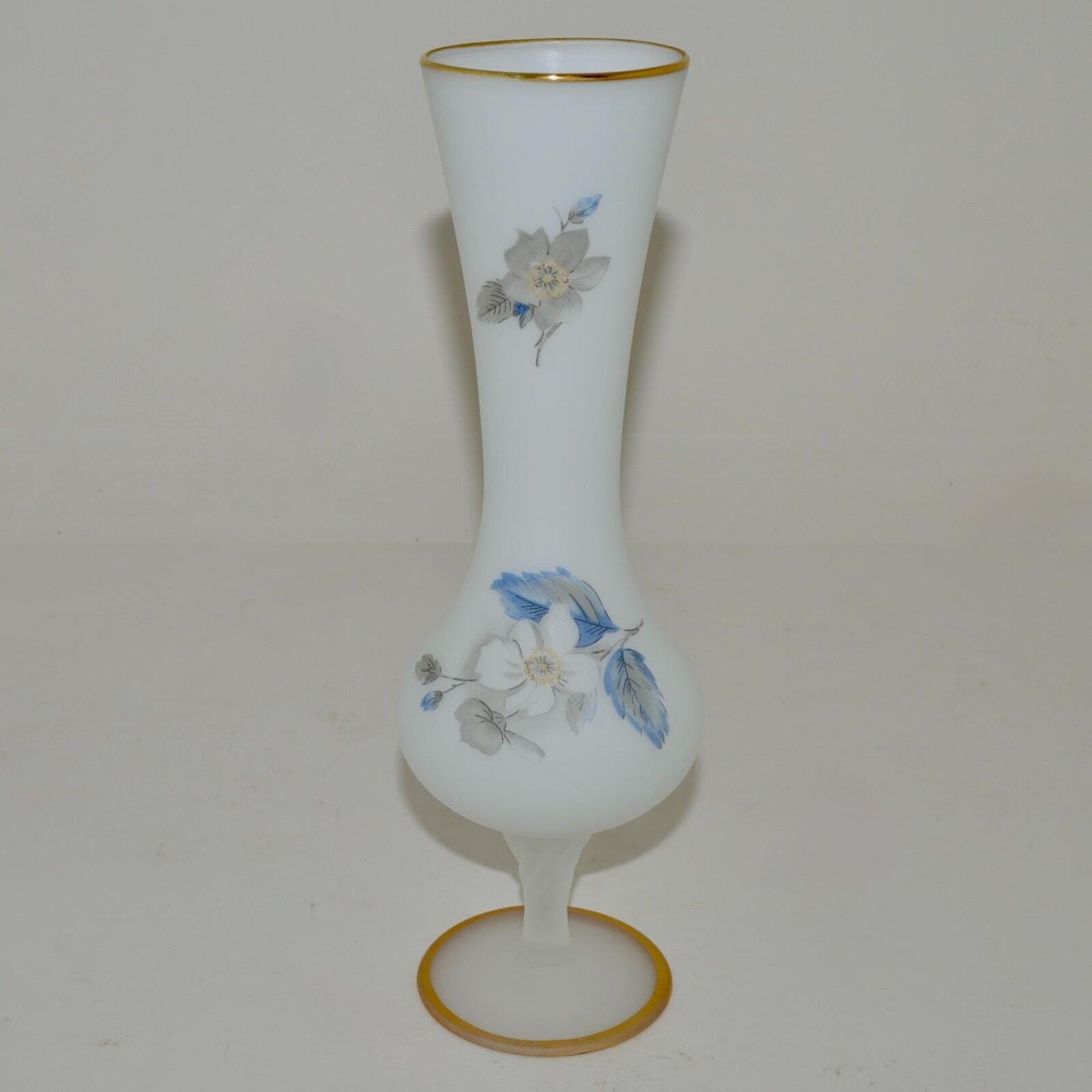 Frosted Glass Handpainted Vase, White Satin Glass Bud Vase, Hand Painted Floral