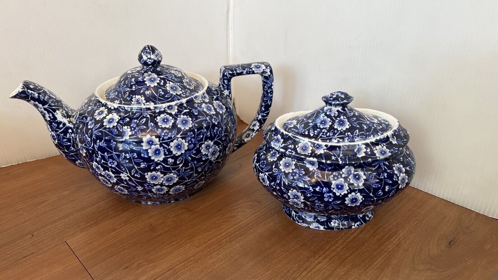 U PICK Calico Burleigh Staffordshire England Blue Teapot Sugar Bowl chintz Tea