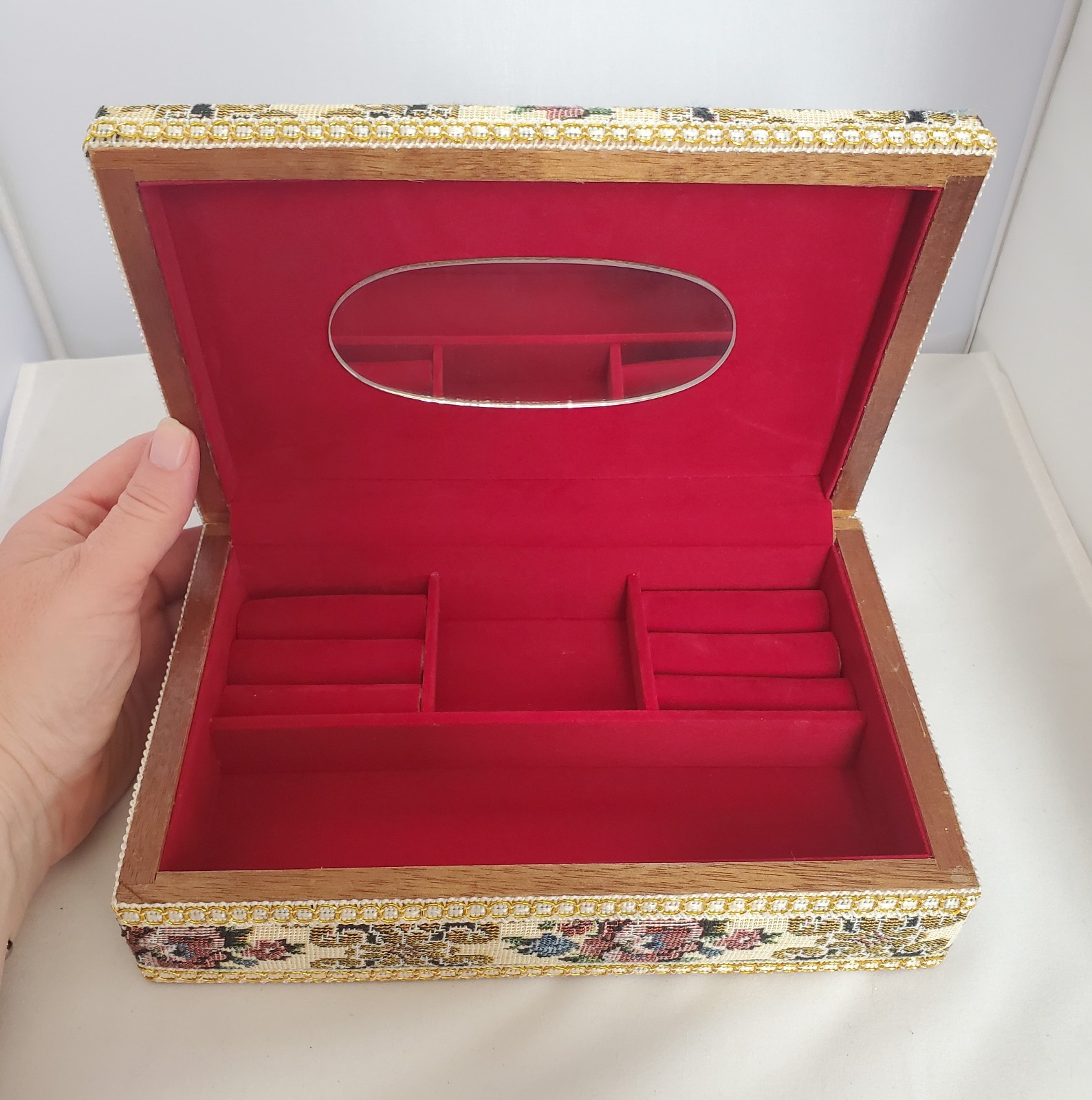 Vtg Floral Fabric wood Jewelry Box Red Velvet Lined Mirror 9\