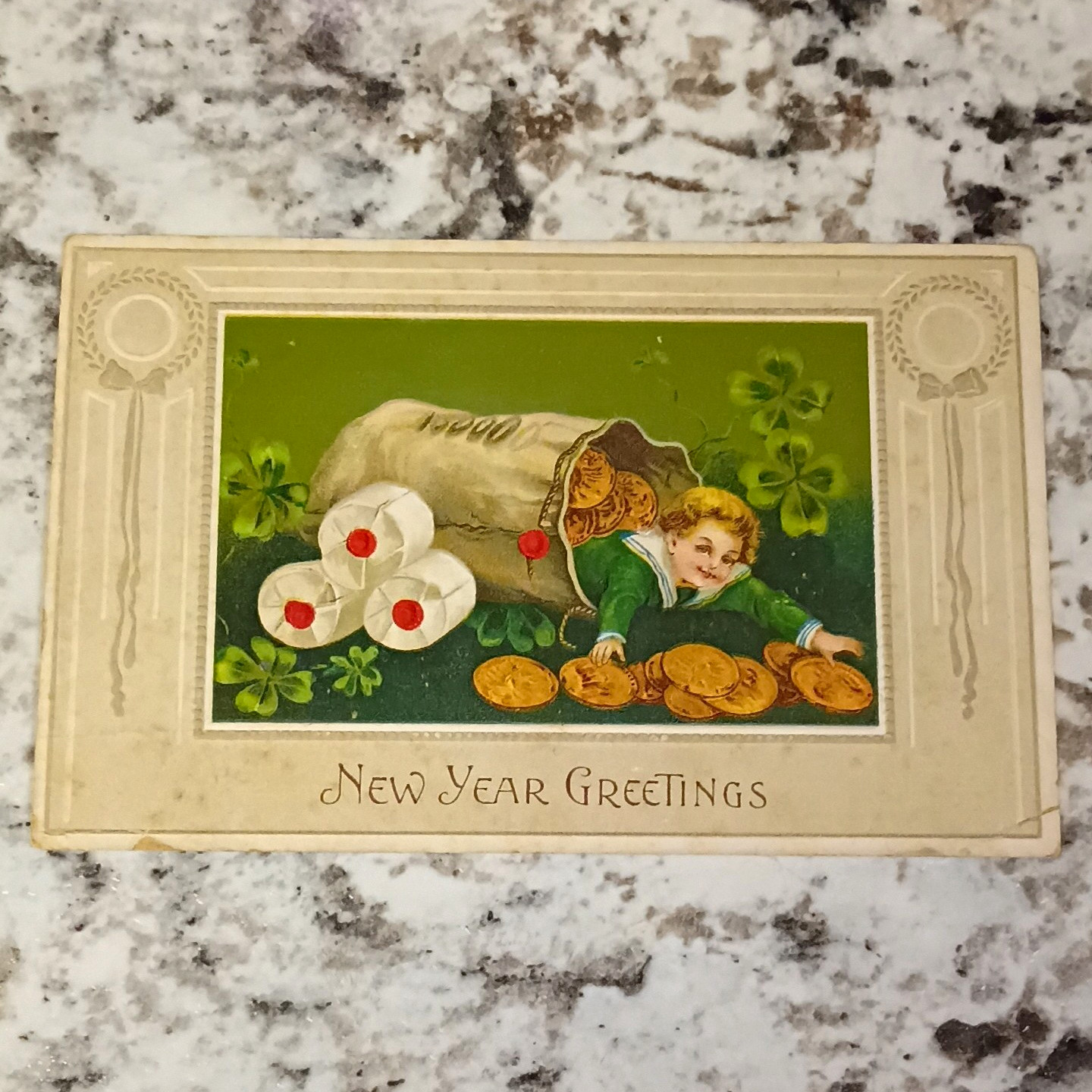 H&S Vintage New Year Greetings Postcard 1915 Printed in Germany Multicolor