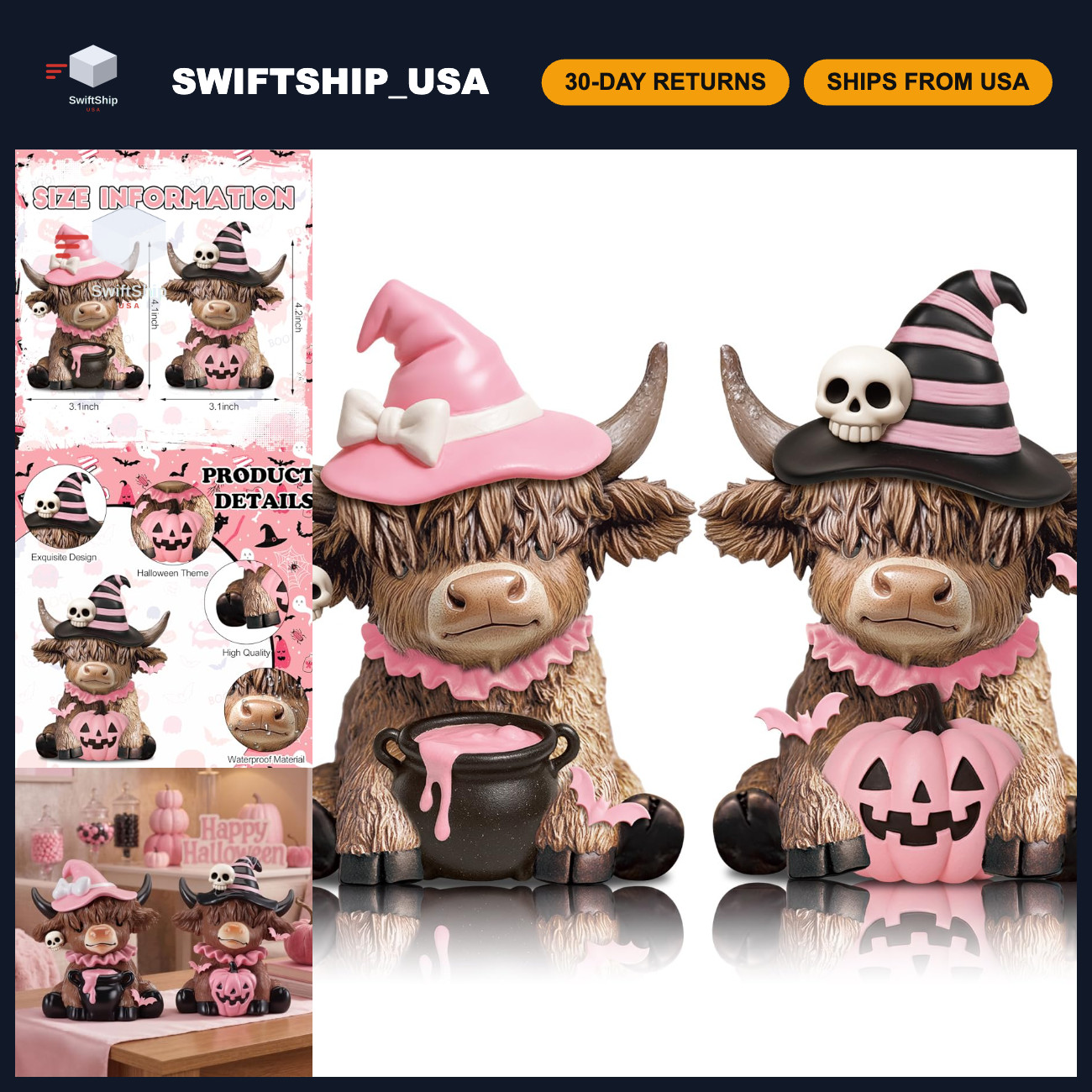 Set of 2 Pink Halloween Cow Figurines - Cute Resin Statues for Tabletop Decor
