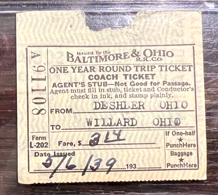 1939 Baltimore & Ohio Railroad Agent YEAR ROUND COACH TICKET Deshler to Willard