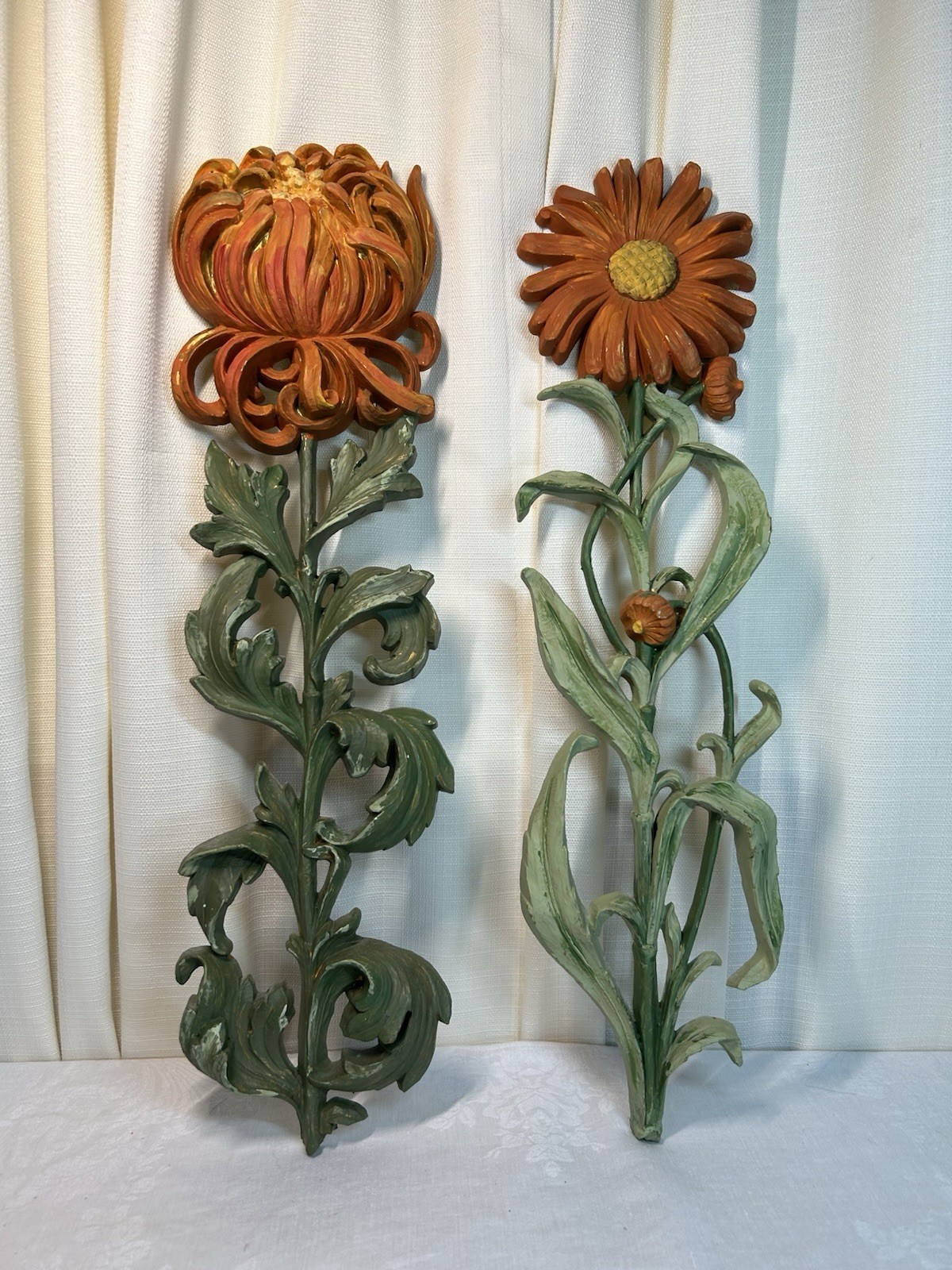 VTG 1960’s Pair Of 2 DART Brand Resin Wall Sculptures Flowers PAINTED 20 In