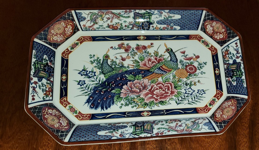 Vintage Imari Porcelain Serving Platter Peacock Floral Hand Painted Japan