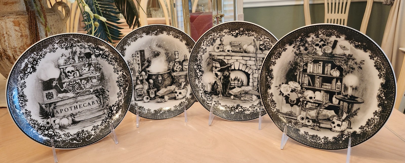 EATON FINE DINING HALLOWEEN APOTHECARY 4 PLATE SET SIDE APPETIZER SPOOKY SKULLS