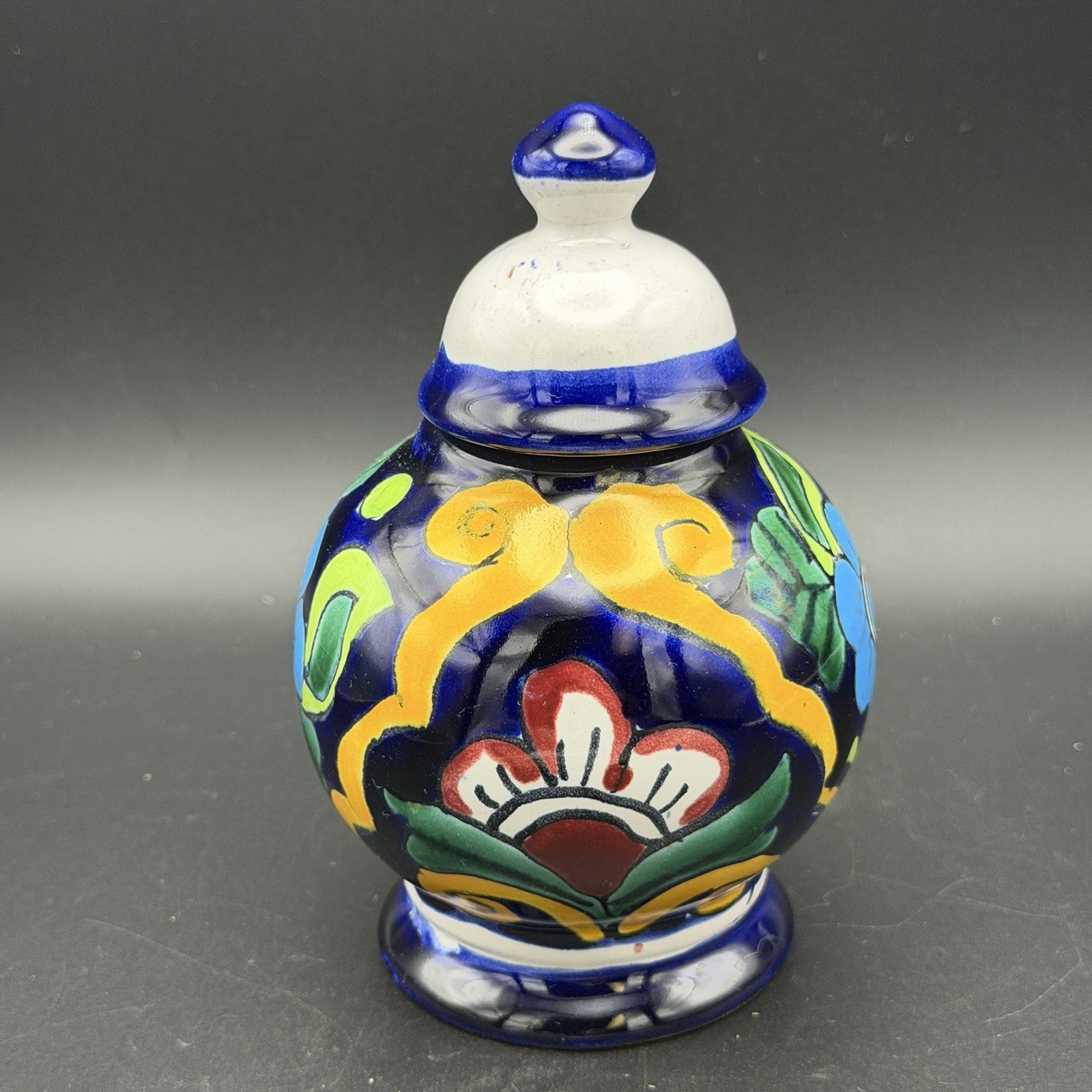 Vtg Mexican Mexico Pottery Talavera Trinket Dish W/Lid Hand Painted 5.5