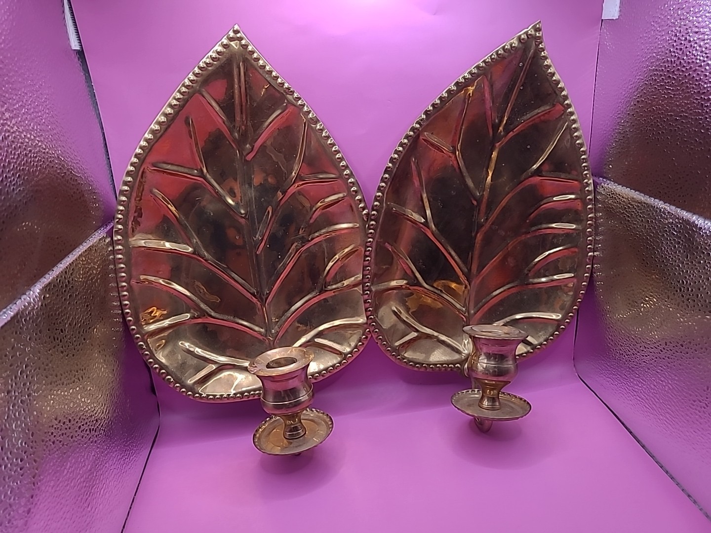 Vintage Brass Leaf Candle Stick Holder Wall Hanging Pair