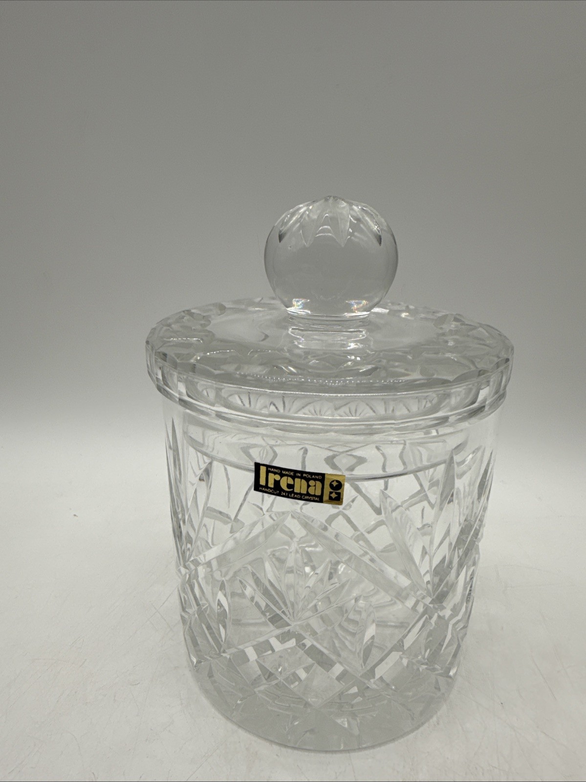 Irena Poland 24% Lead Clear Vintage HandCut Crystal Biscuit Jar With Ball Lid