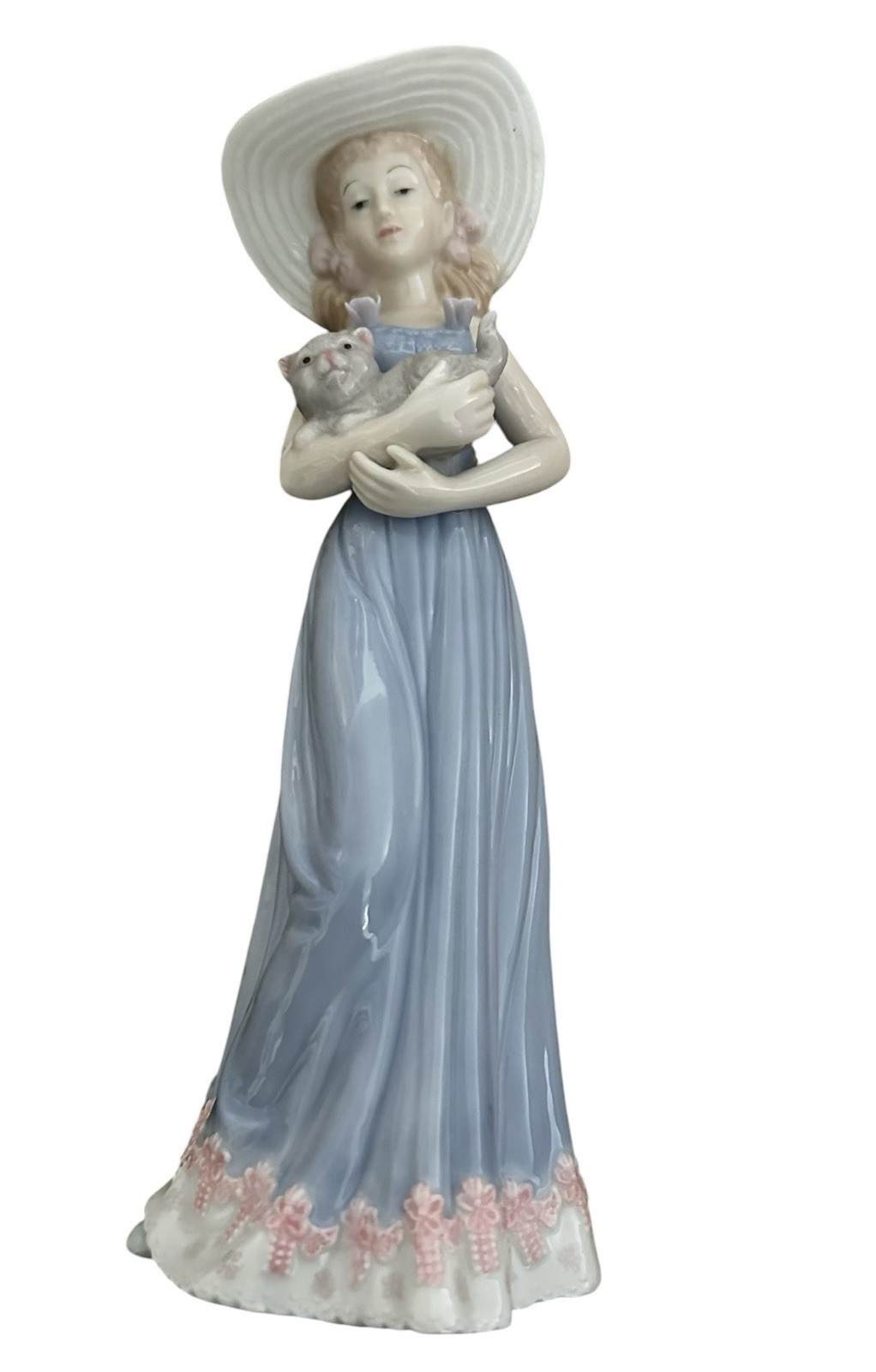 Vintage Porcelain Figurine Girl Holding Kitten Blue Dress Wide Brim Hat Cottagec