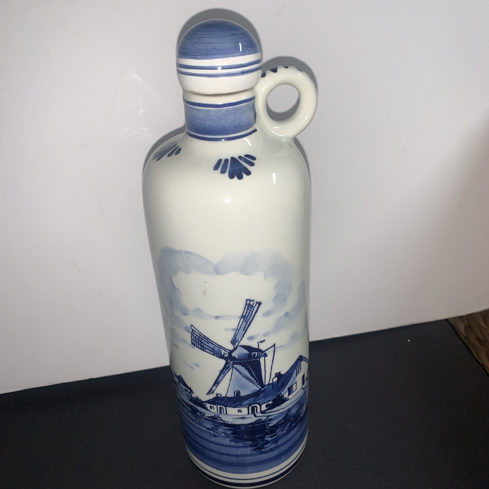 Vintage Delft Blue Holland Windmill Hand Painted Ceramic Bottle Decanter Stopper