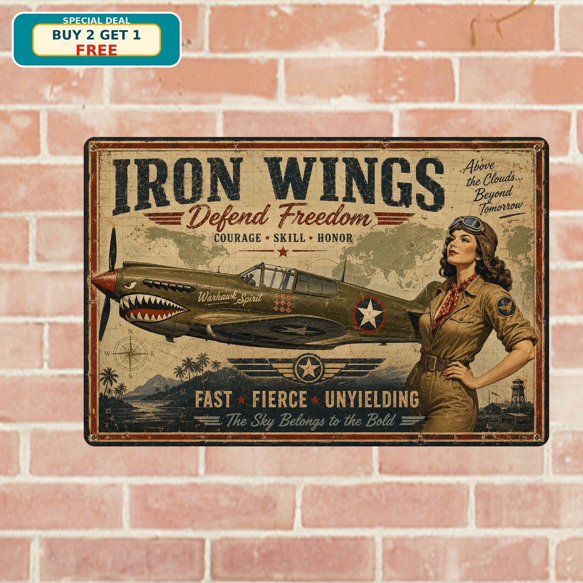 WWII Fighter Plane Warhawk Pinup Girl Hangar Garage Metal Tin Sign