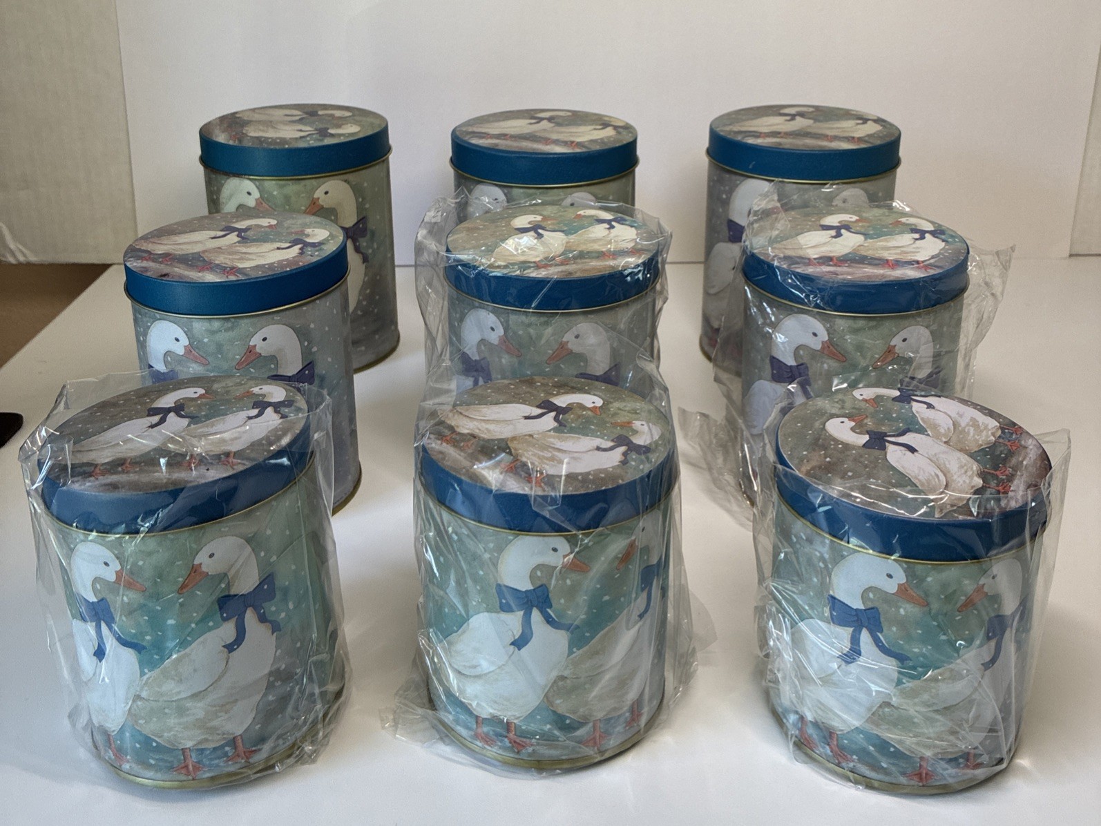 Vintage Blue Ribbon Geese Three 3 Piece Canister Sets New Old Stock