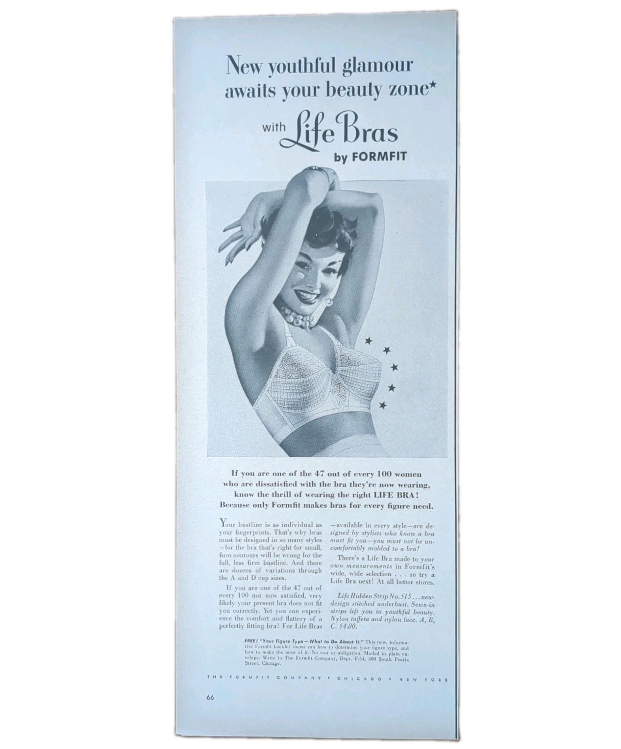1950\'s vintage Fomfit bra and girdle print ad, sexy, unique retro art