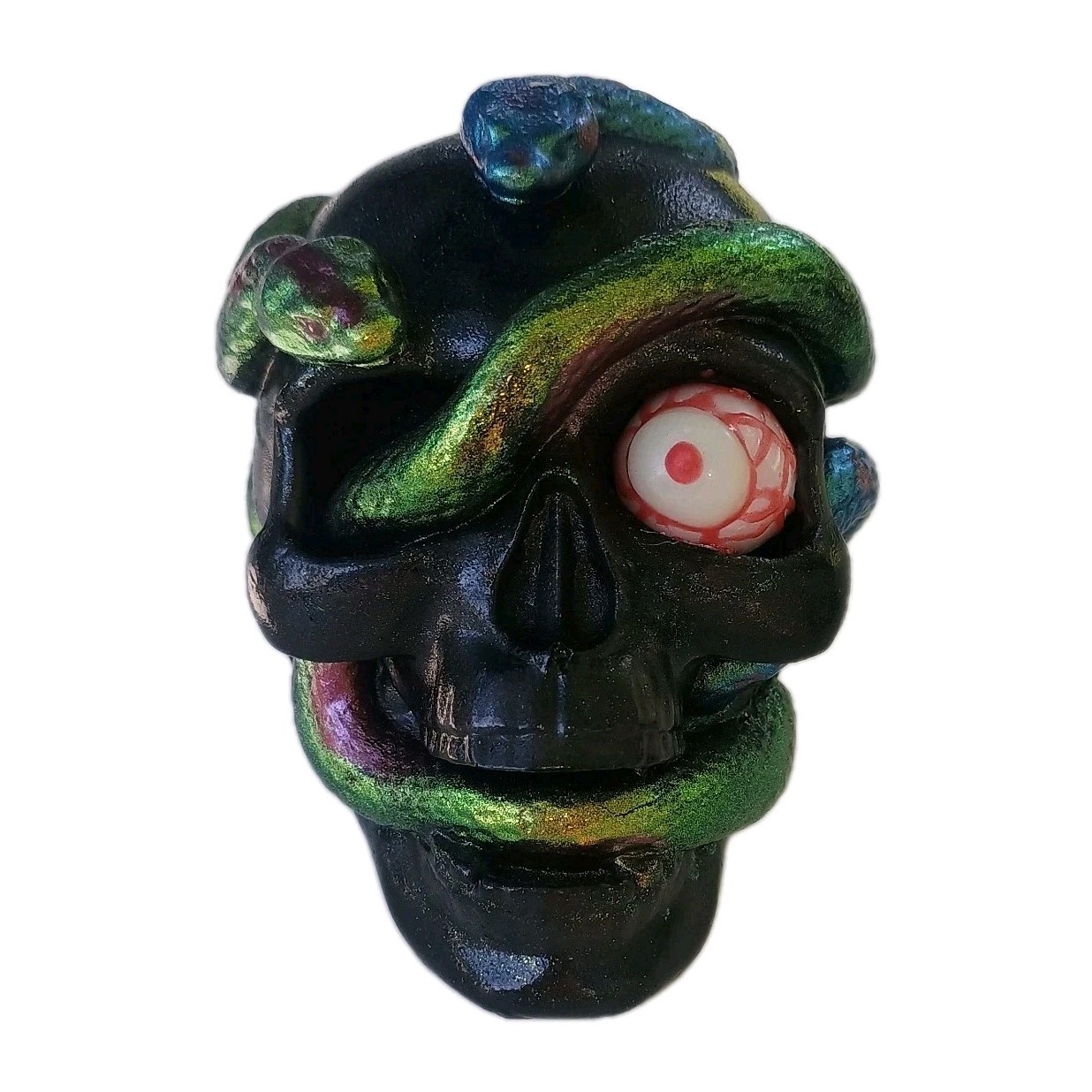 Handmade Black Resin Skull With Snakes & Glow-In-The-Dark-Eyeball Gothic Decor