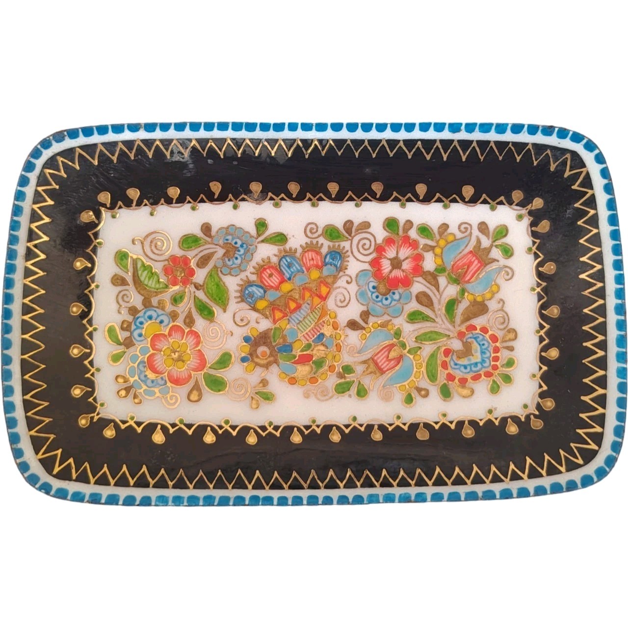 Vintage Steinbock Austria Enamel on Copper Hand Painted Dish Folk Art Floral
