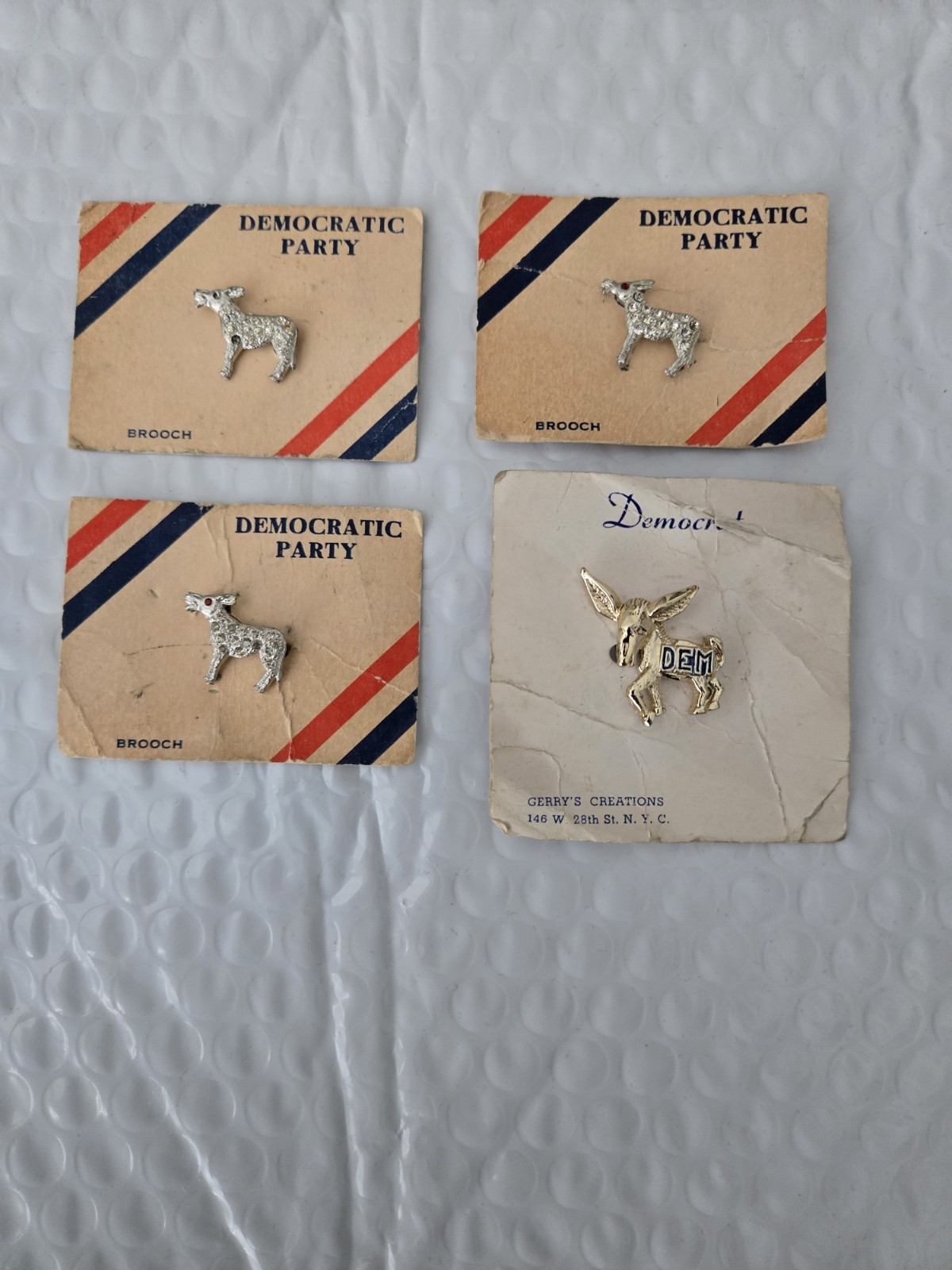 4 Vintage Democratic Party Brooch Pins on Original Display Cards/ Vintage Pins. 