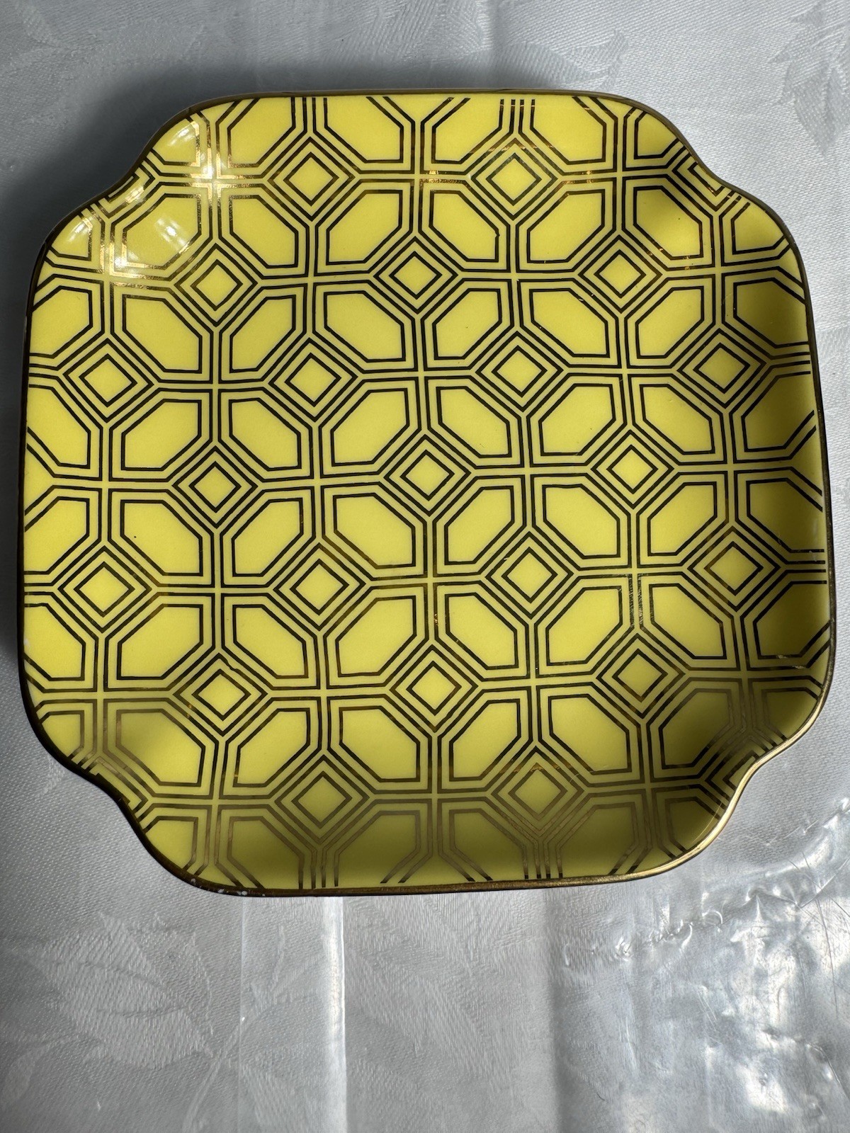 Shanghai Tang Fine Bone China Yellow Gold Geometric Trinket Dish 5” Square