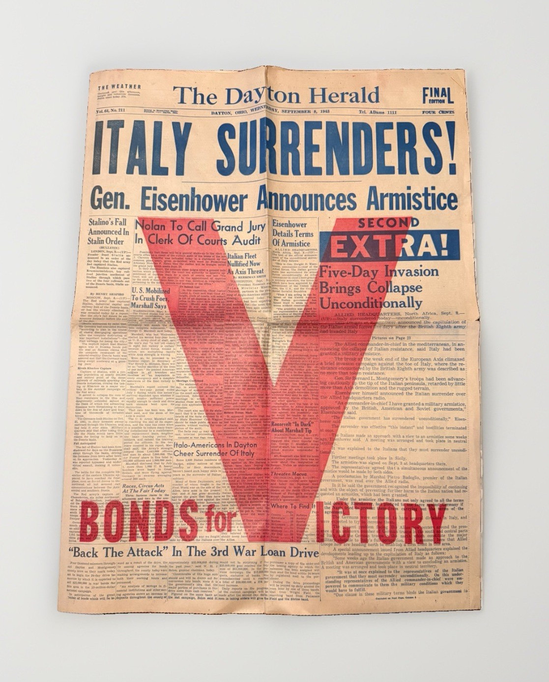 The Dayton Herald Sept 8 1943 “Italy Surrenders”Eisenhower Armistice Newspaper