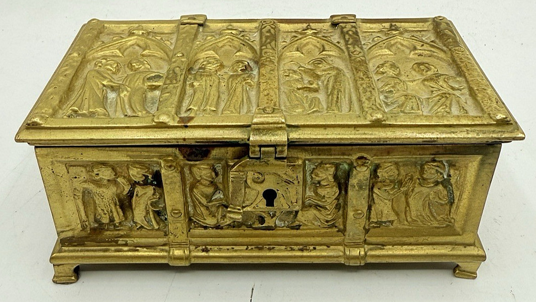 Antique E&S Erhard & Sohne German Brass Gothic Jewelry Casket Trinket Box