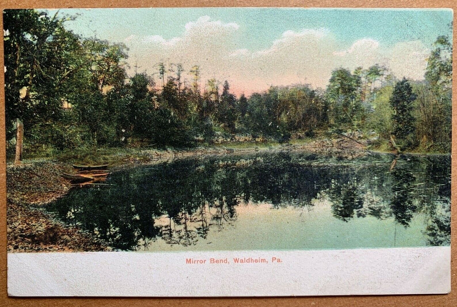 Postcard Waldheim PA - c1900s Mirror Bend - Pond with Boats 