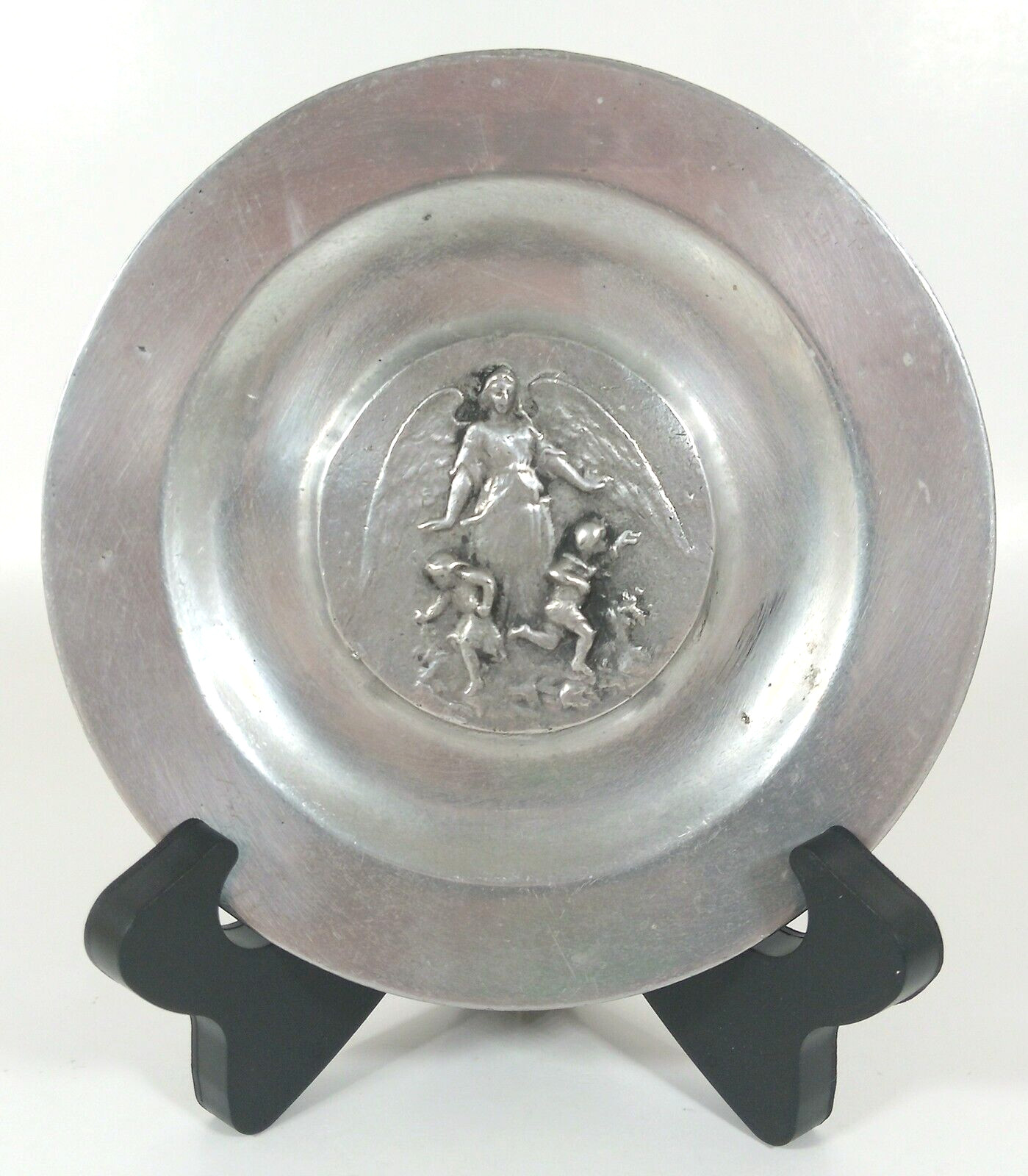 Vintage Small Pewter Plate Angel With Playing Children
