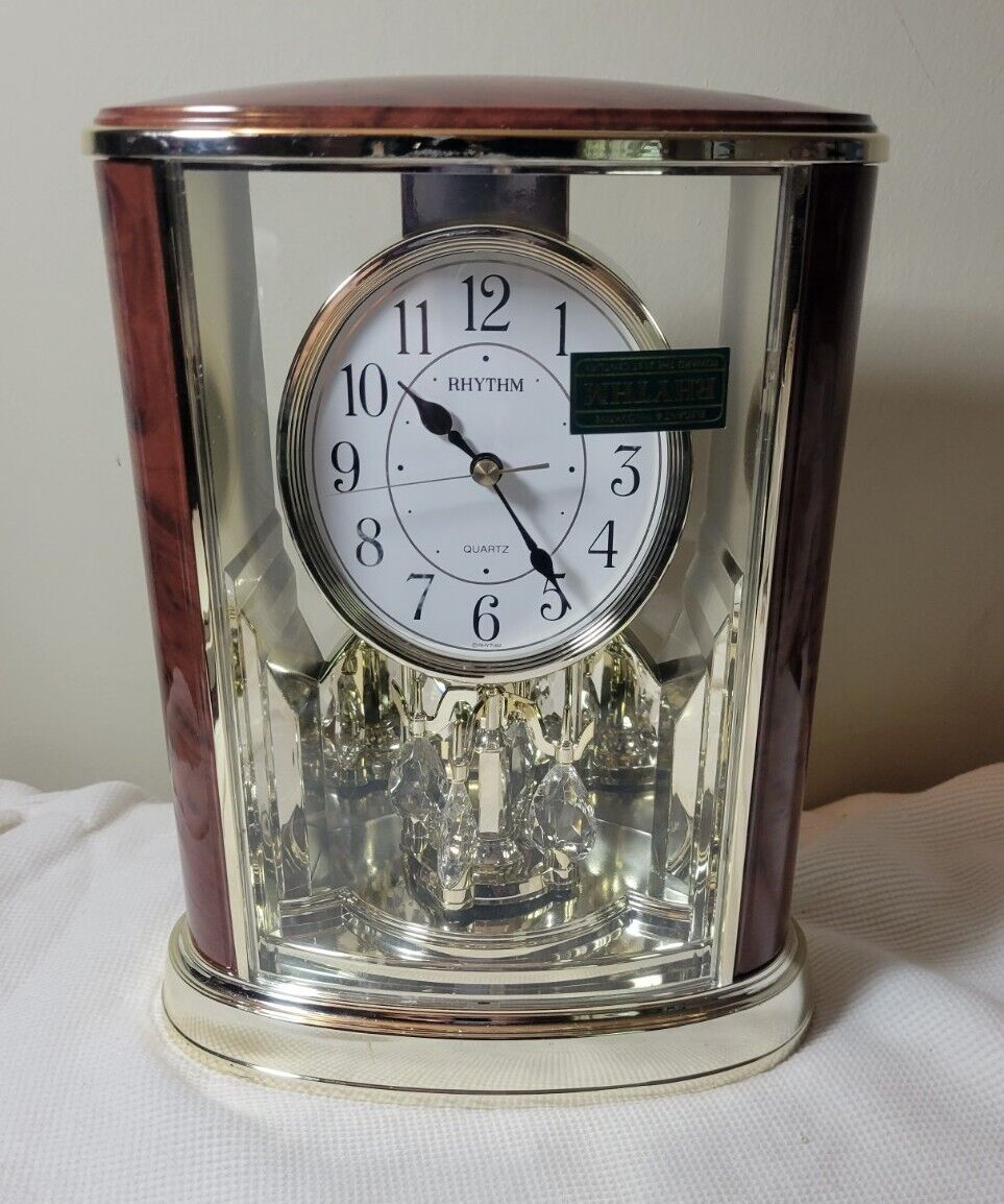 Rhythm Clock Watch Co. Swarskia Crystal Mantel Clock wood & brass Look EUC