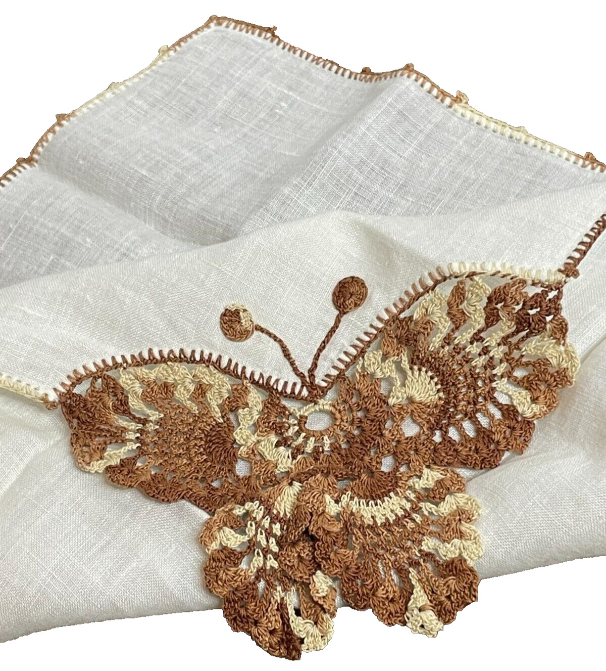 Vintage Mid Century Brown Butterfly Crochet Lace Hankie Handkerchief Embroidery