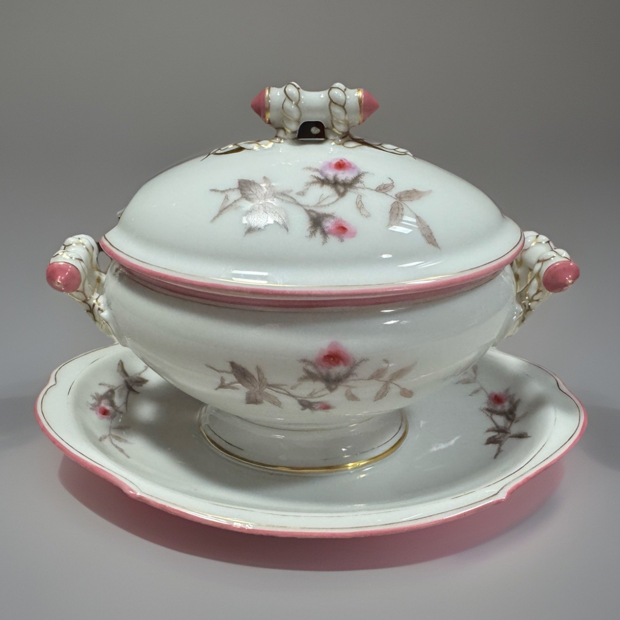 Haviland Limoges Moss Rose Sauce Tureen Pink White Florals Glossy Underplate