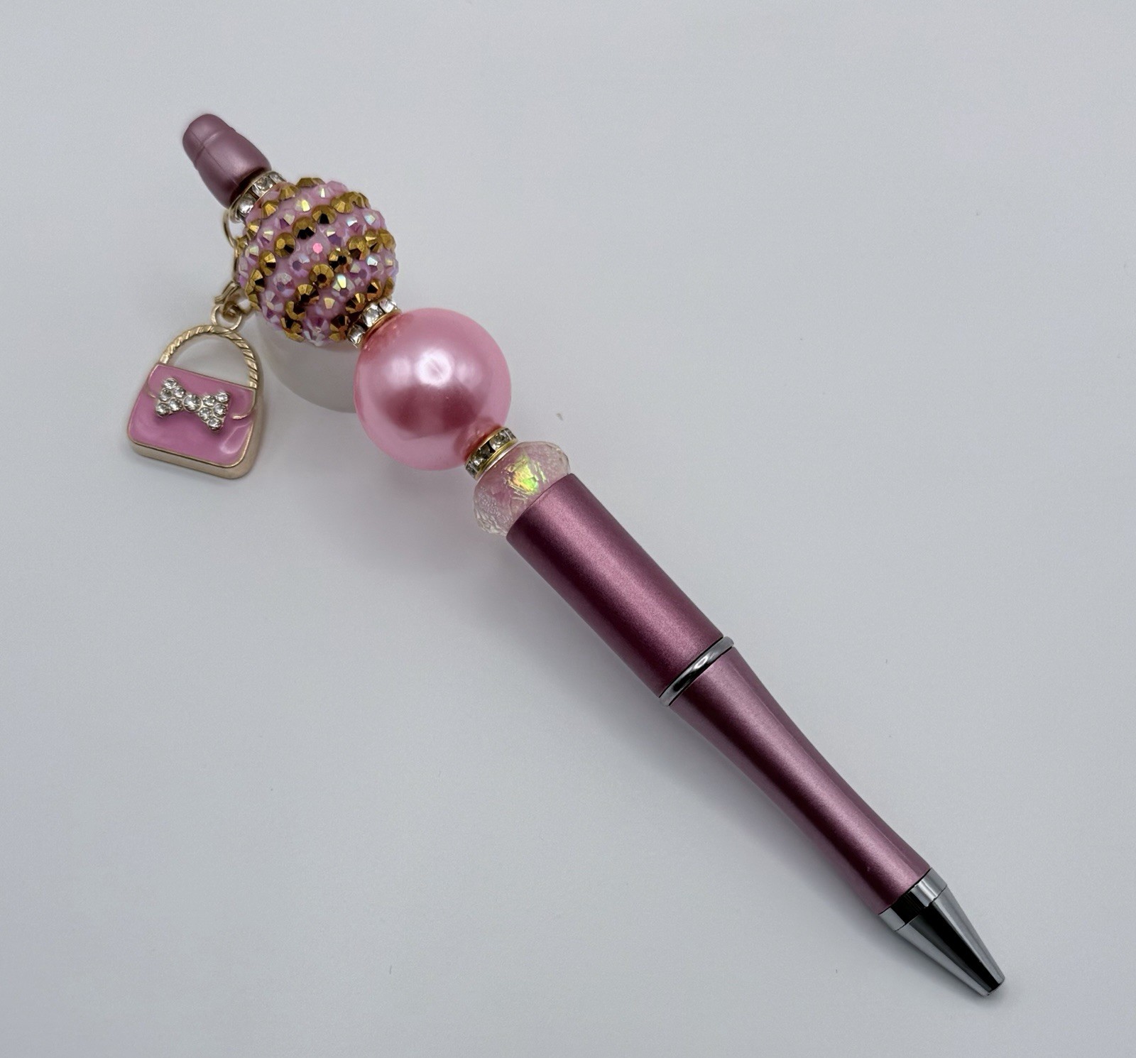 Pink Beaded Pen, With Purse Charm, Blank Ink Twist Pen
