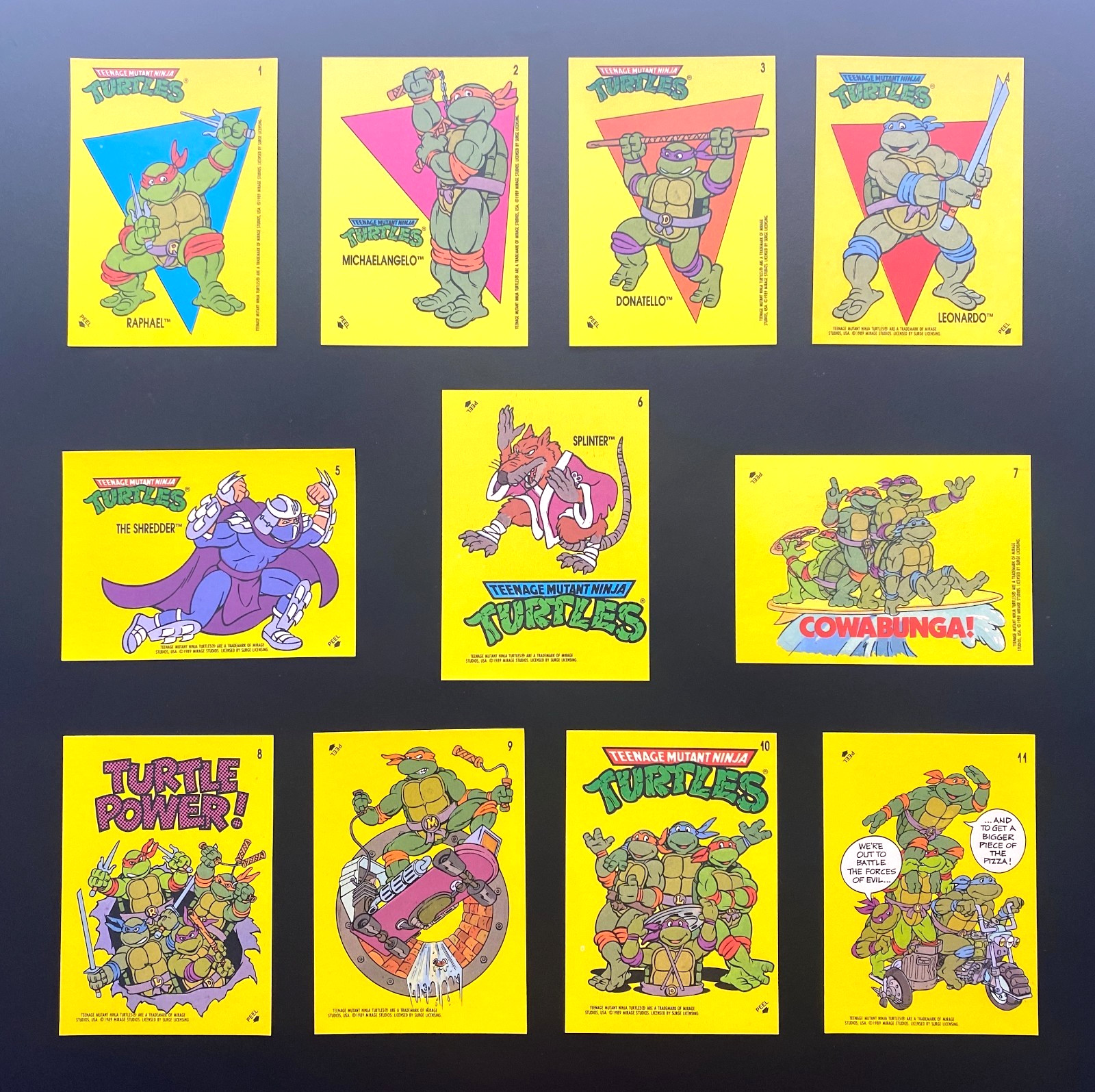 1989 TOPPS TEENAGE MUTANT NINJA TURTLES STICKERS SERIES 1 COMPLETE SET 1-11 (HG)
