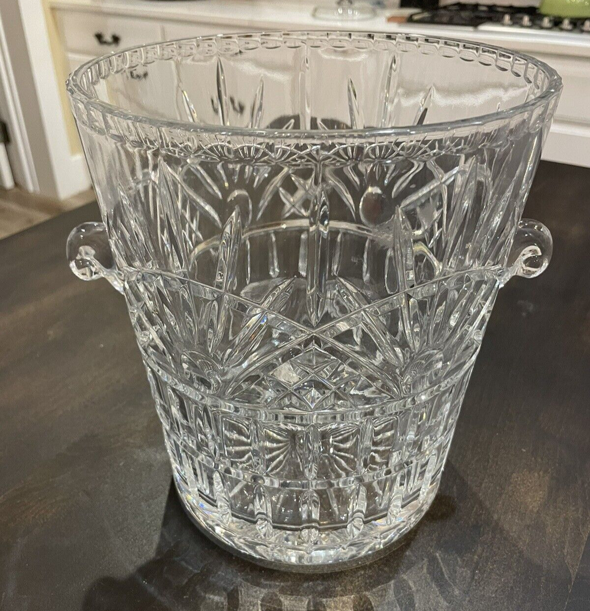 HUGE Vintage 70s CRYSTAL GLASS ICE BUCKET CURLED HANDLES, 11lbs BEAUTIFUL