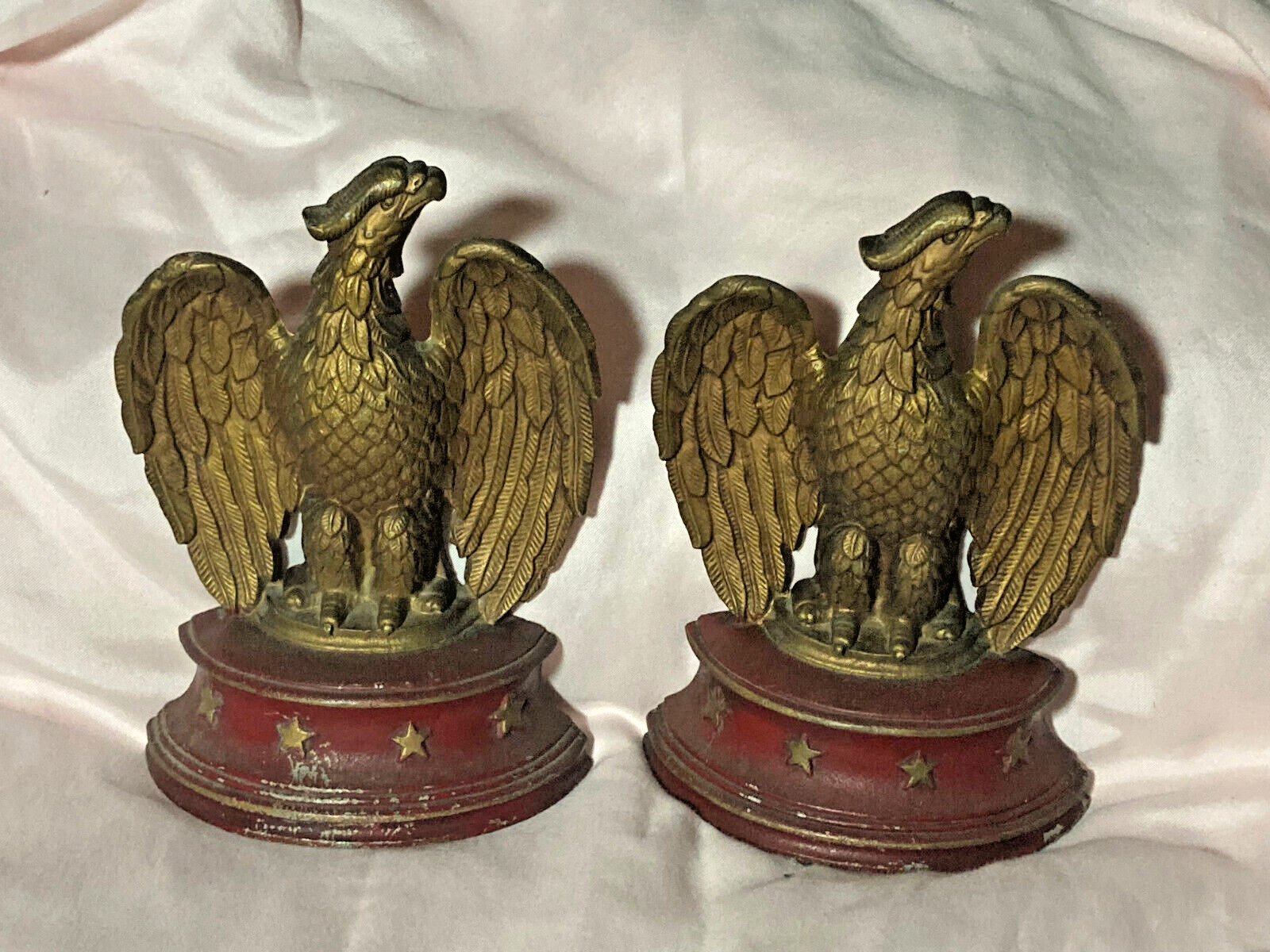 Pair Vintage Sexton USA Cast Gold American Eagle Bookends Red with Gold Stars